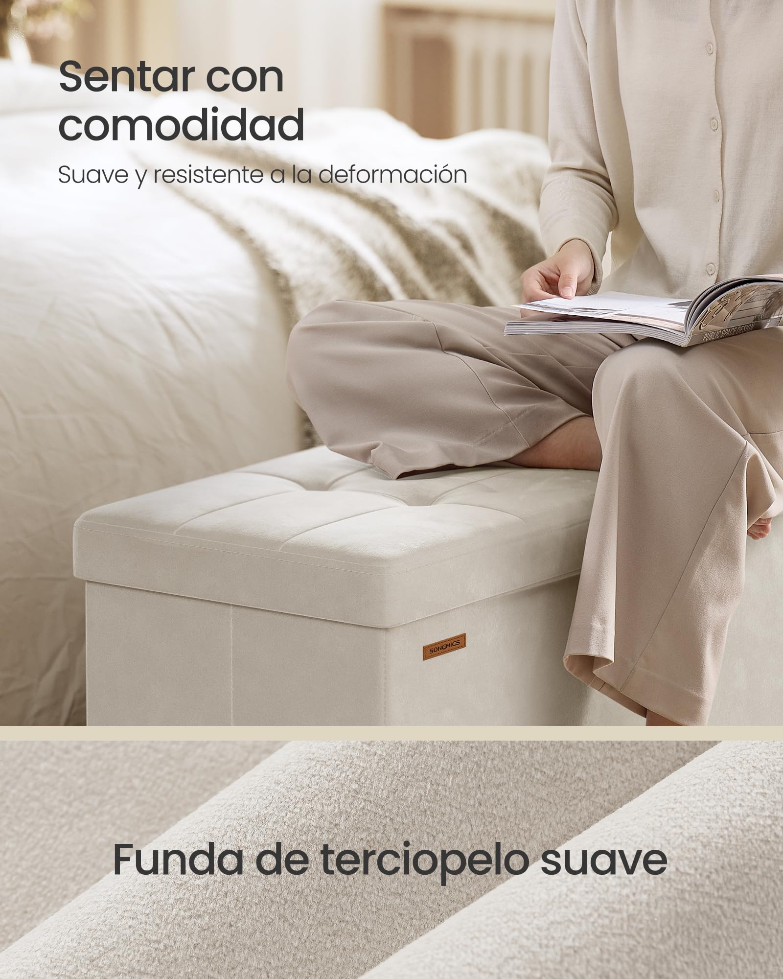 SONGMICS Puff Almacenaje, Banco Plegable, 38 x 110 x 40 cm, Reposapiés, 112 L, Superficie de Terciopelo, para Dormitorio, Sala de Estar, Dormitorio, Beige Capuchino LSF0518W02