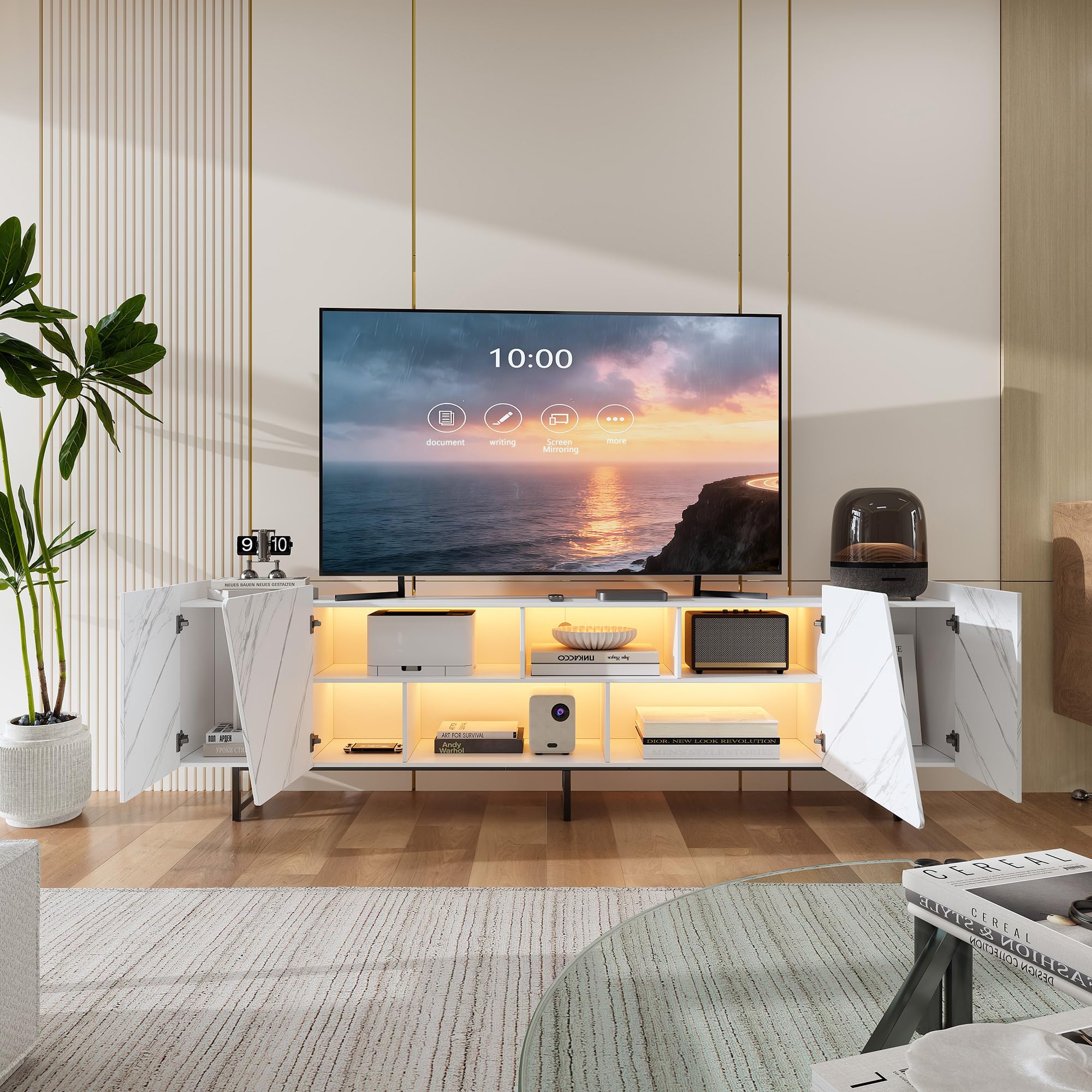 Armadio TV con LED - Mobile TV con 4 porte - Mobile TV basso - Comodino - Mobile TV con spazio aperto per soggiorno, sala da pranzo, camera da letto - Bianco - 220 x 34 x 67 cm