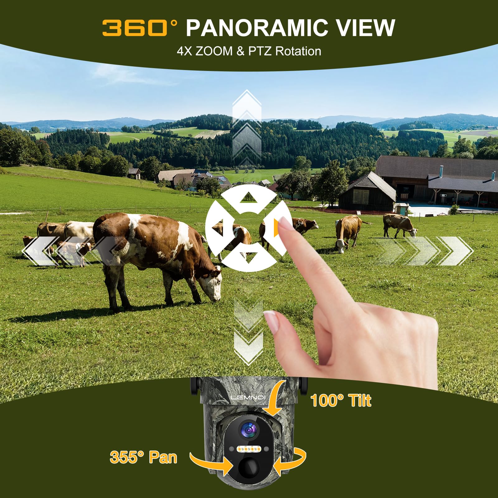 LEMNOI 4G LTE Cámara Caza Solar con Tarjeta SIM Preinstalado, 4G Cámara Vigilancia Exterior con Detección con Visión Nocturna en Color Starlight, PTZ 360°, Audio Bidireccional, IP66 Impermeable