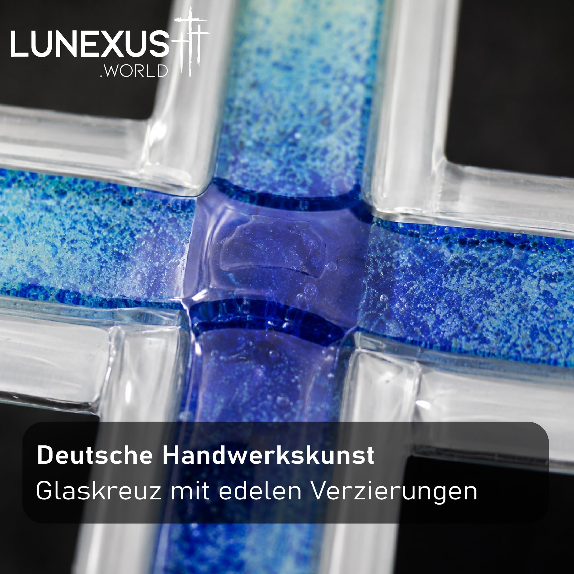 Lunexus Szklany krzyż ścienny 20,5 cm, ręcznie wykonany, prezent na chrzest, komunię, bierzmowanie, krzyż, szkło, niebieski, religijny krzyż dekoracyjny do zawieszenia, krzyż dziecięcy, chrzest, dla