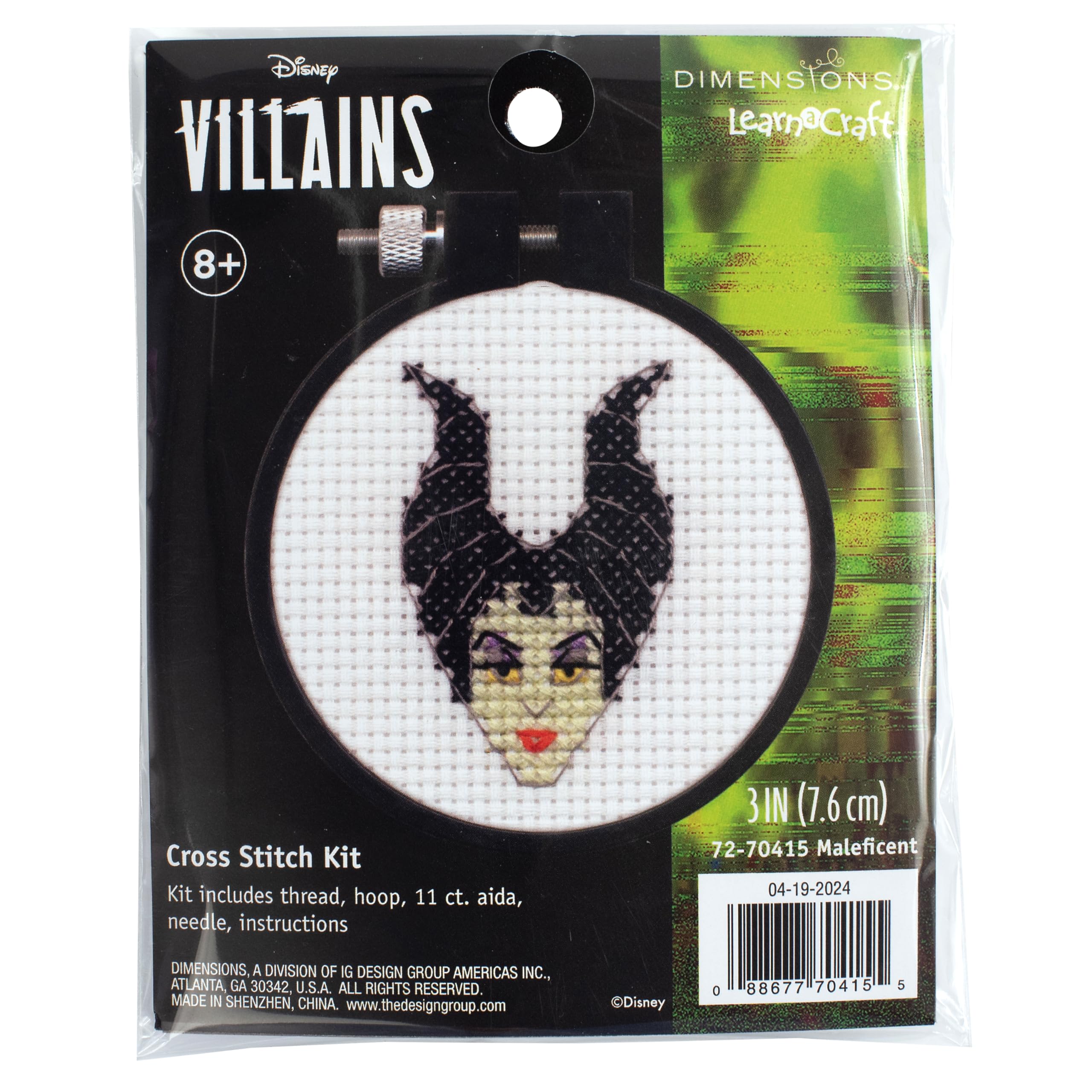 Dimensions 72-70415 Disney's Maleficent Mini Beginner's Cross Stitch Kit, 3" Diameter, Multicolor, 5 Pieces
