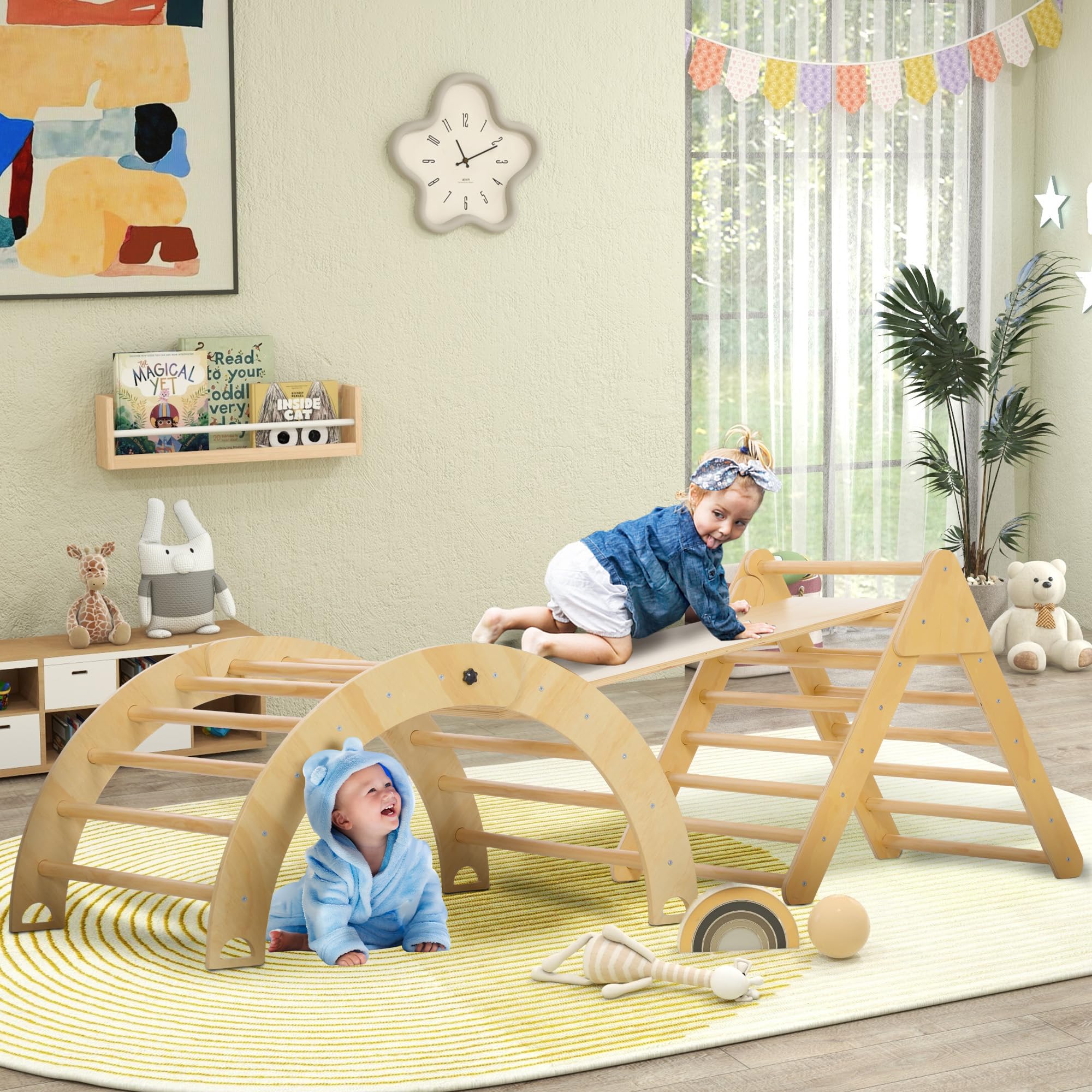 AIYAPLAY Triángulo de Escalada de Madera 4 en 1 Montessori Escalada para Niños de 18-48 Meses con Rampa Juego de Escalada de Arco para Deslizarse o Trepar 219x72,5 cm Natural