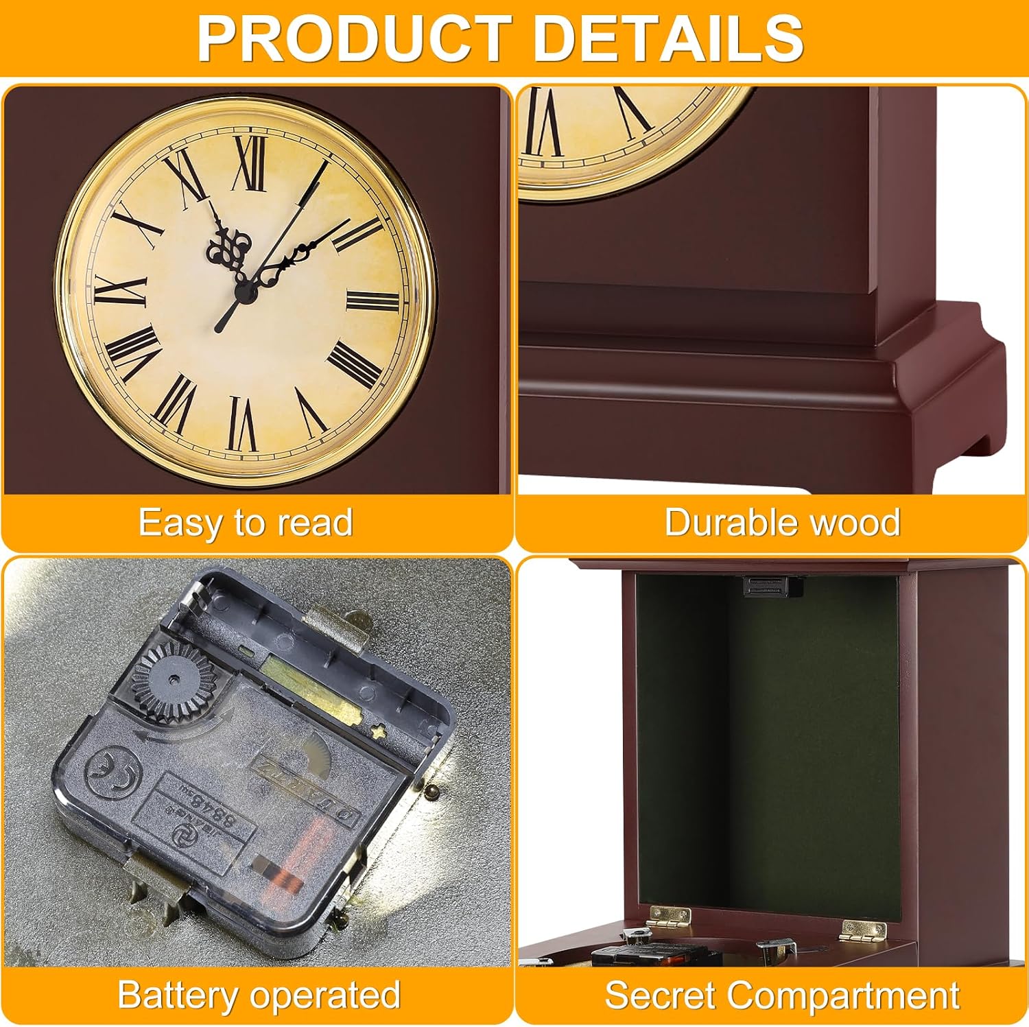 Shinoske Wooden Mantel Clock with Hidden Safe,Secret Compartment for Cash,Jewelry,Rings,Watches,Battery Operated Vintage Table Clock for Living Room,Home Decor,Mahogany