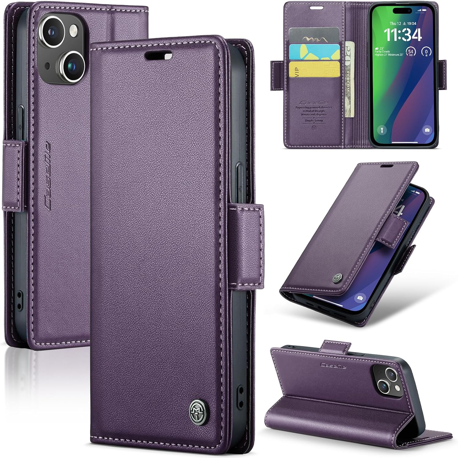 Wallet Case for iPhone 15, with RFID Blocking, Card Holder, Stand Phone Case, PU Leather Flip Folio Case Compatible with iPhone 15 Purple