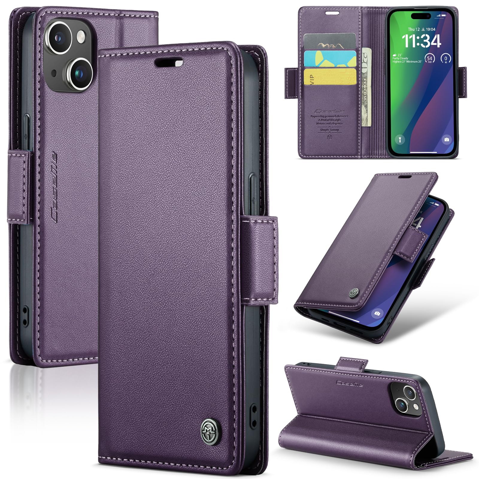Taneny for iPhone 15 Plus Case, [RFID Blocking] PU Leather Wallet Flip Folio Case with Card Holder Kickstand Shockproof Phone Cover for iPhone 15 Plus (6.7 inch), Purple