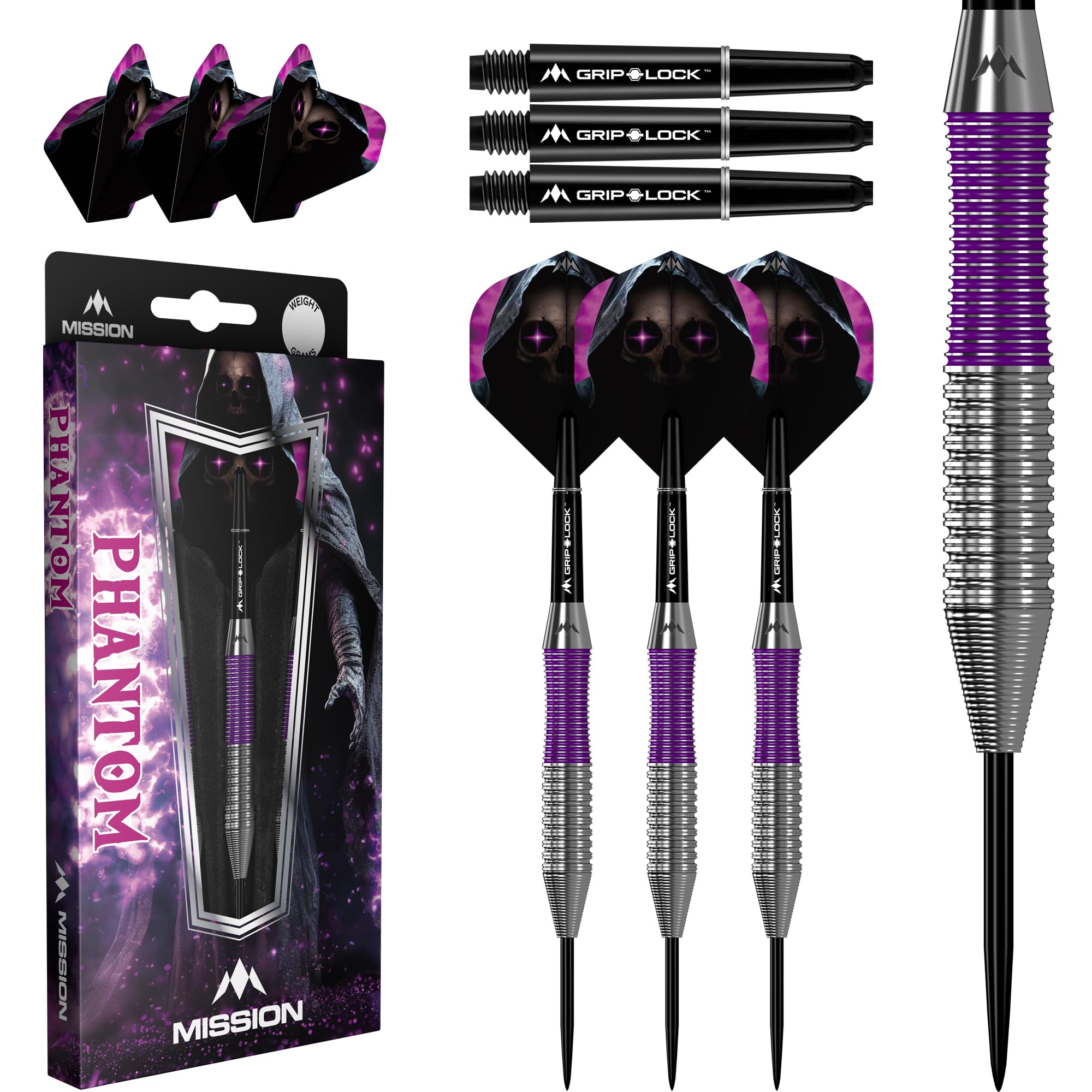 Mission Darts | Rzutki Phantom | Srebrne i fioletowe | Mosiężna tuleja | Zestaw rzutków ze stalową końcówką | 22g.