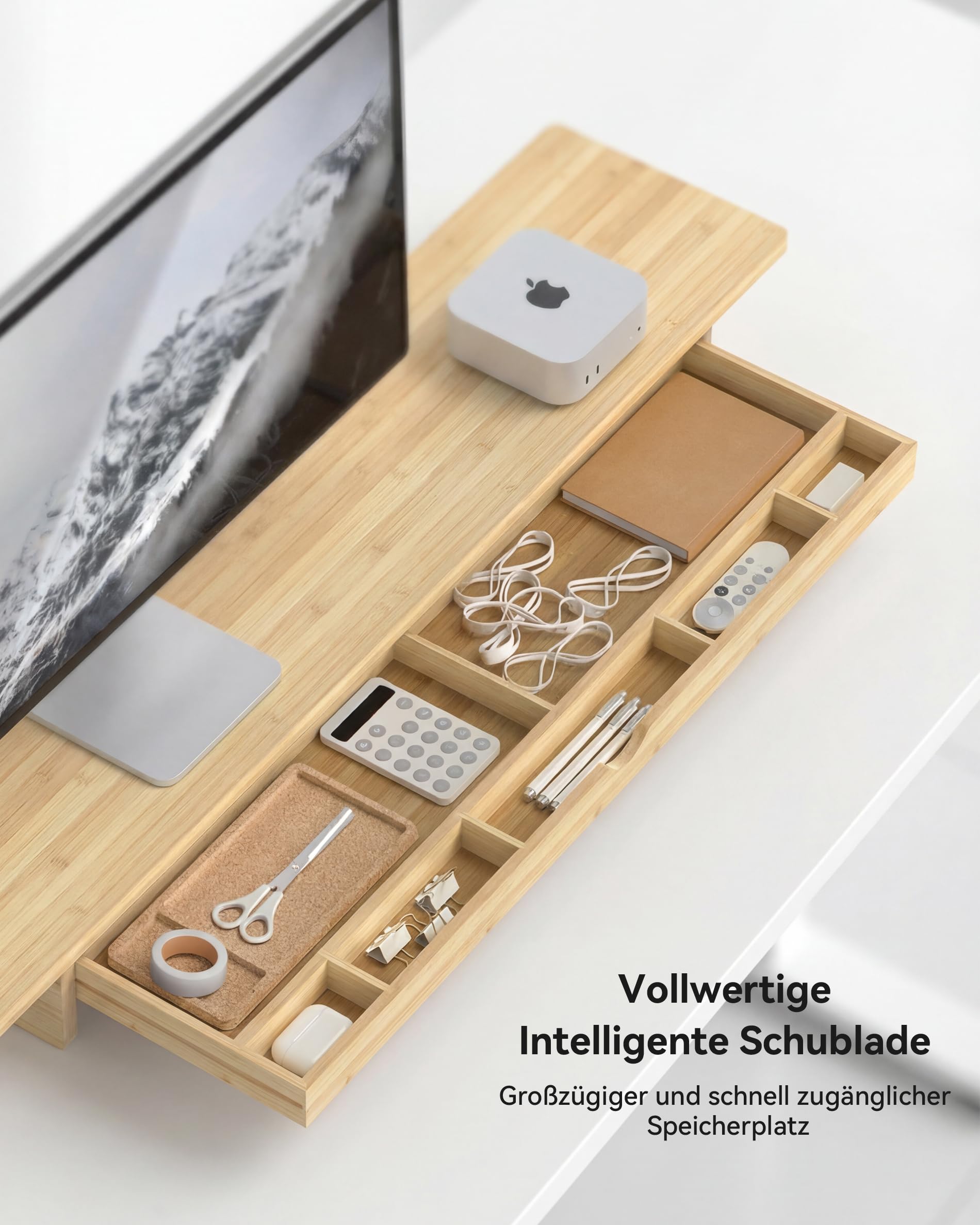 WELL WENG Bambus Monitorständer mit groß Schublade Bildschirmständer , 107x23,5x11 cm,Monitorerhöhung ergonomischer Bildschirmerhöhung schreibtisch mit Platz für die Tastatur, Naturbambus