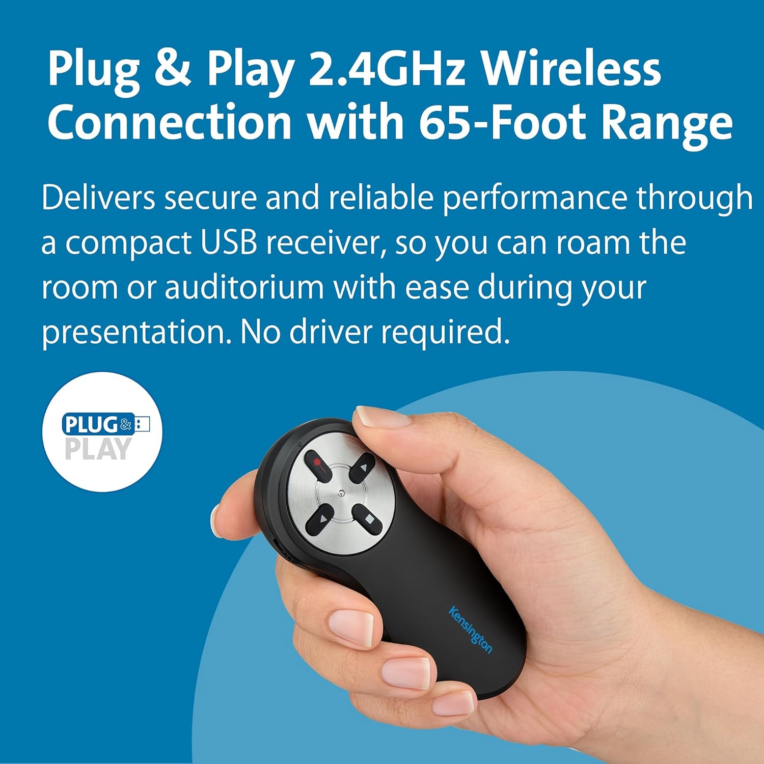 Hand holding Kensington Wireless Presenter with Plug & Play logo