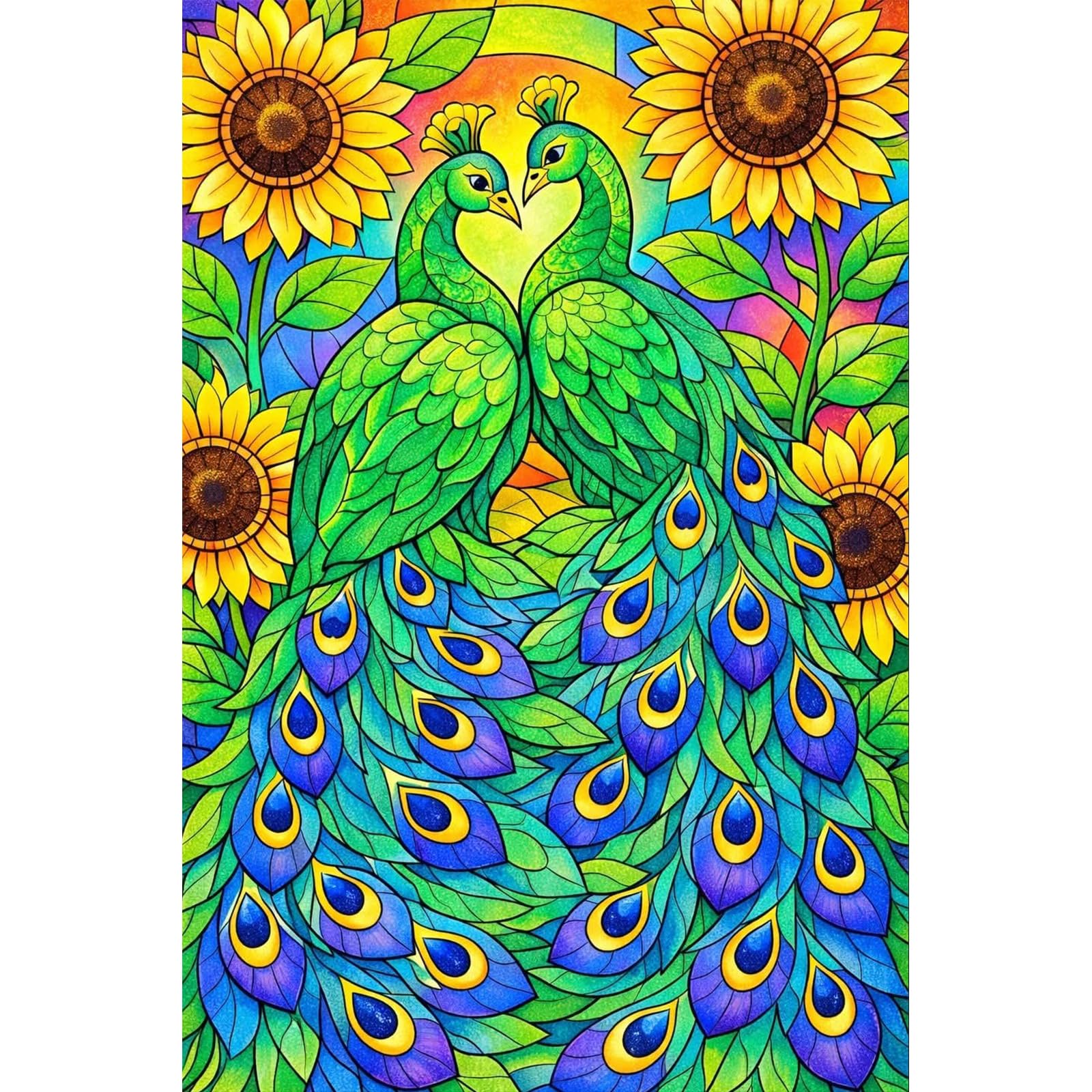 Poetrydraw Sunflower And Peacock Sunflower & Peacock 5D Round Drill Diamond Art Kit Diy Wall Decor & Gift 11.81X17.72in