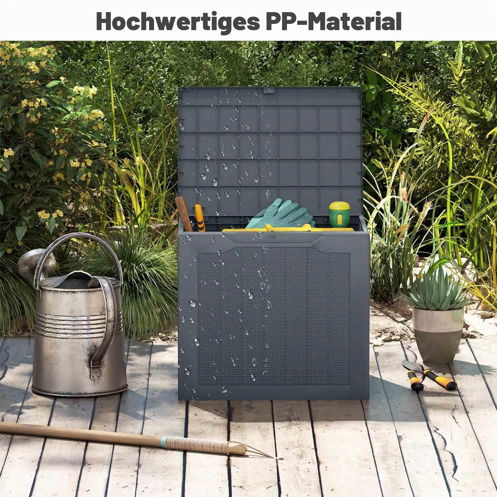 HOMASIS Auflagenbox wetterfest, Gartenbox aus PP-Rattan, abschließbar Aufbewahrungsbox mit Deckel, Gartenmöbel Kissenbox Auflagentruhe Gartentruhe Outdoor (Grau, 96L)