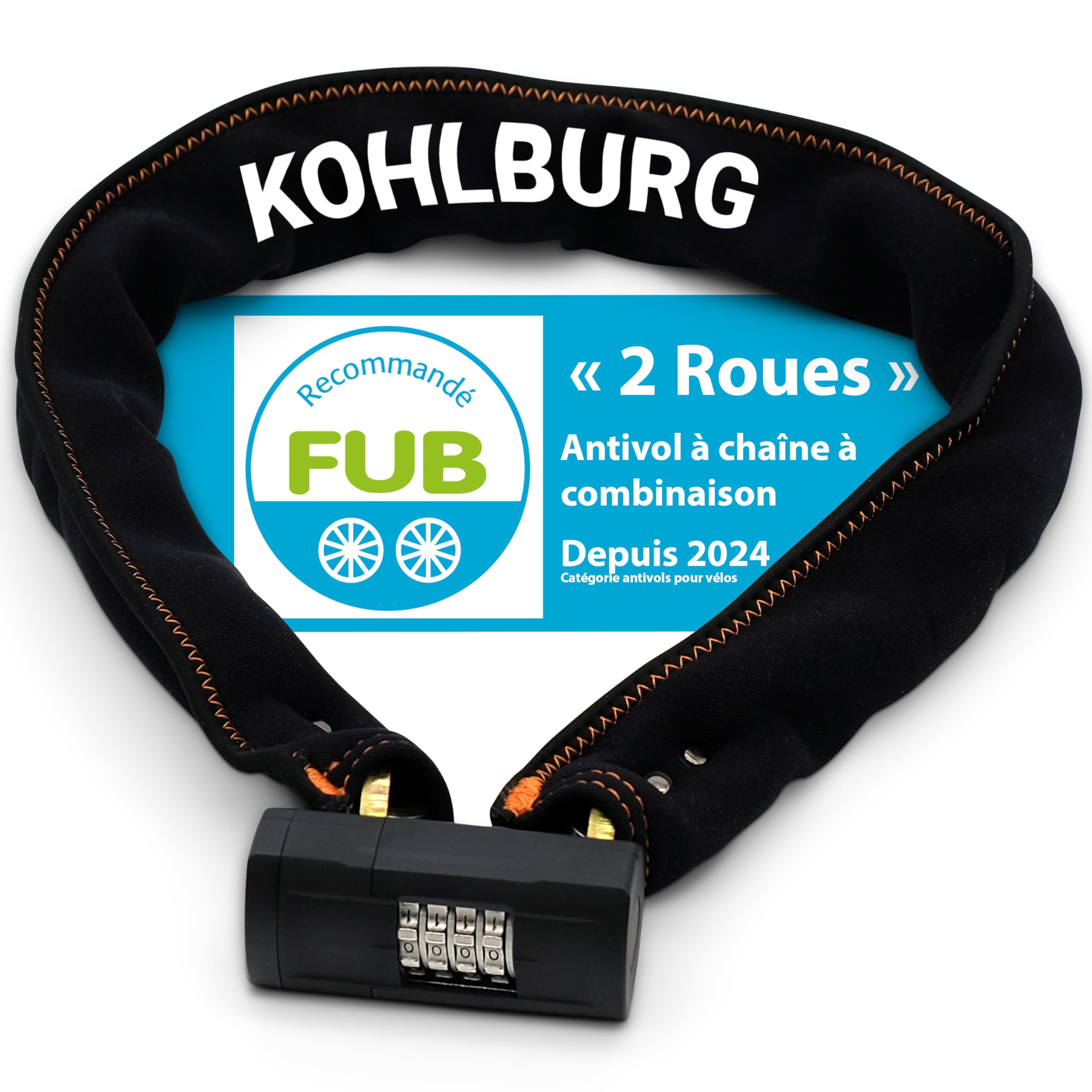 KOHLBURG opvouwbaar fietsslot 110 cm met cijfers [bestand tegen boutensnijder] met cijfercode & houder – combinatieslot voor fiets – hoogbeveiligd slot met cijfercode – fietsslot & e‑bike slot
