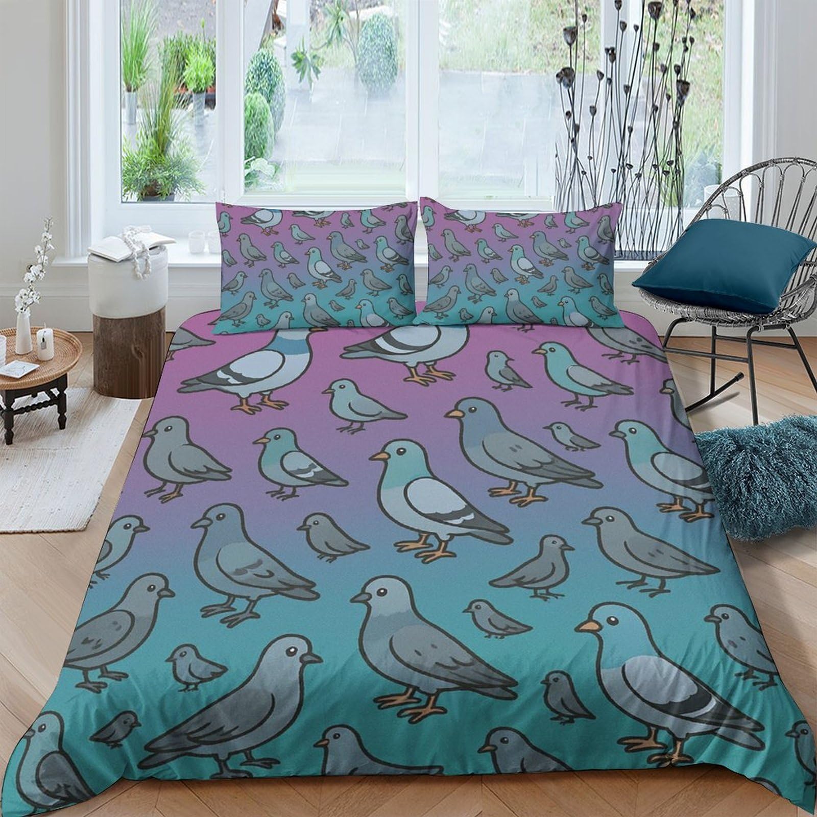GPLZQXKJNH 3D Printed Cartoon Pigeon Duvet Cover Microfiber Soft Gradient Bird Pattern Bedding Set with 2 Pillowcases for Bedroom Decor Single（135x200cm）