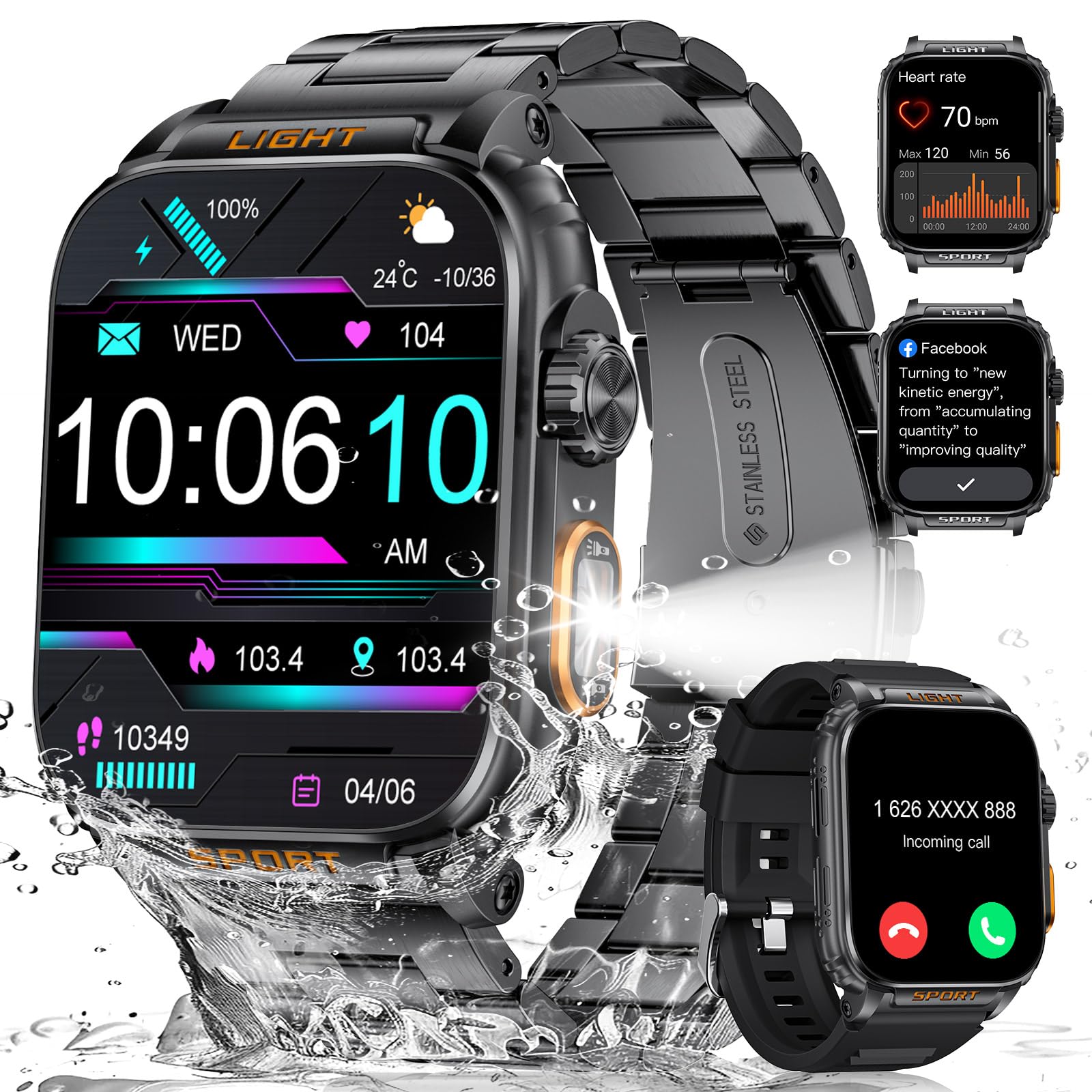 LIGE 2024 Smartwatch Uomo Militare con Torcia LED,1,91" HD Display Rugged Smartwatch Orologio con Chiamate Bluetooth,Impermeabile IP68,430mAh 100+ Modalità,SpO2,Sonno,Notifiche WhatsApp Android iOS