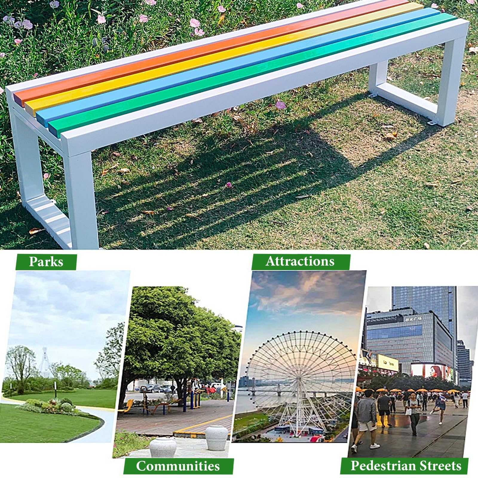 Banco Jardin Exterior Resistentes a la Intemperie Bancos de Jardín 2 Plazas Estructura de Acero Galvanizado Capacidad de Carga: 200 kg para Parques Plazas(White+Yellow,150x40x45cm)