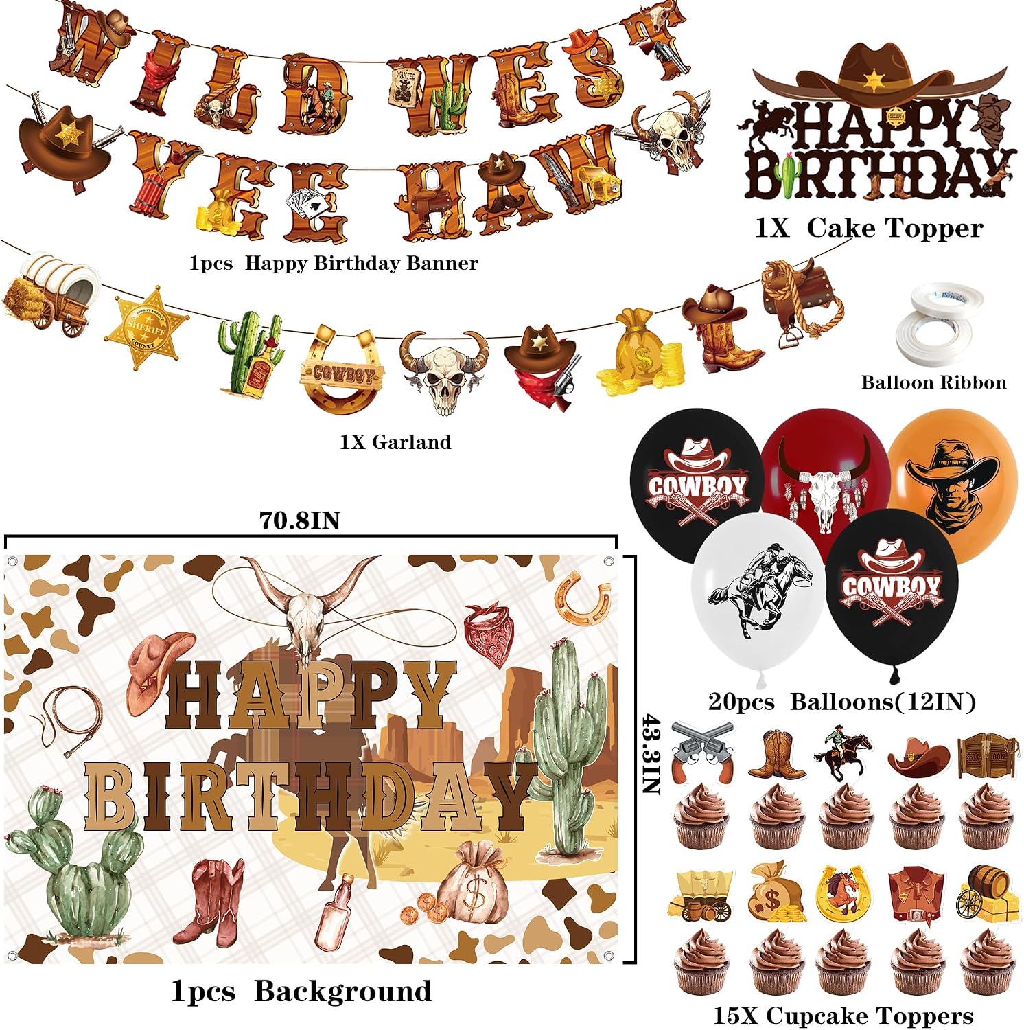 Wild West Cowboy Party Decorations - Western Themed Yee Haw Banner Balloons Garland Backdrop, Birthday Cake Decor for Adult Rodeo Party Supplies