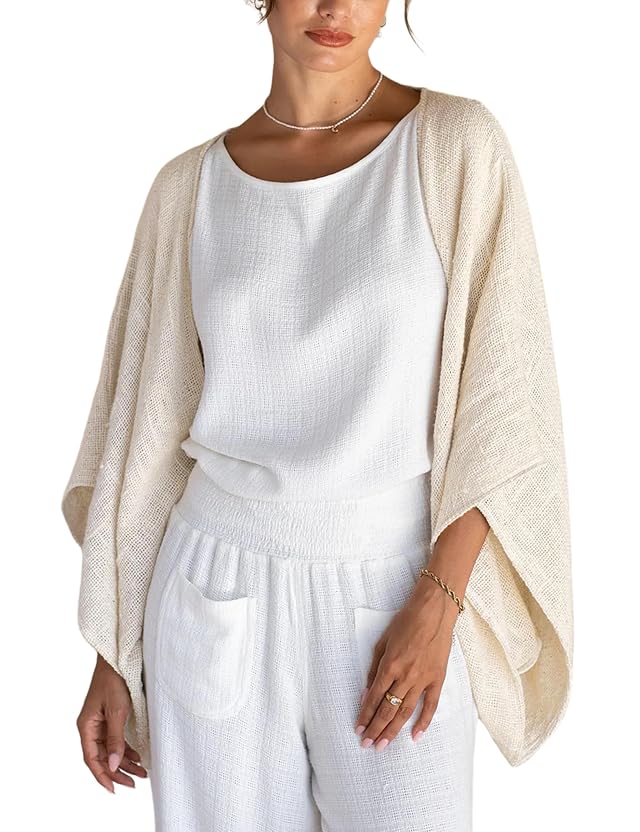 Women Linen Lightweight Cardigan Open Front 3 4 Sleeve Shawls Wraps Shrug Jackets Kimono Poncho Loose Cover Ups