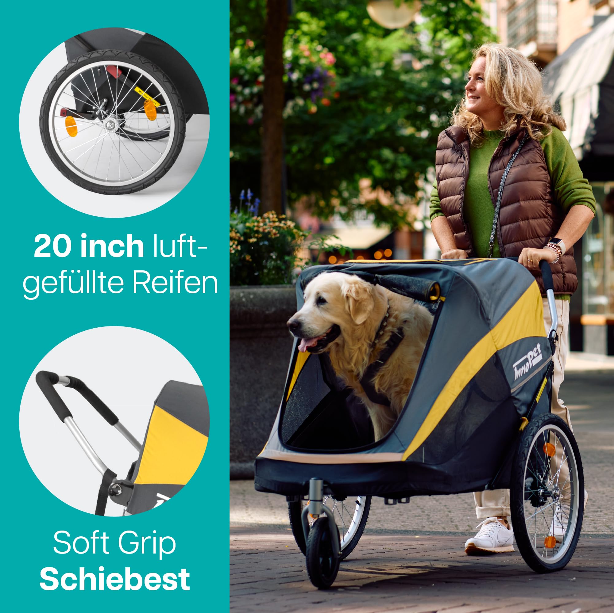 Großer Hundebuggy und Fahrradanhänger Trailer - Innopet Hercules Gelb/Grau - 2in1 mit Umbauset und Regenhaube - Leinen innen - Hundewagen bis 50kg belastbar - 45cm große hintere Luftreifen