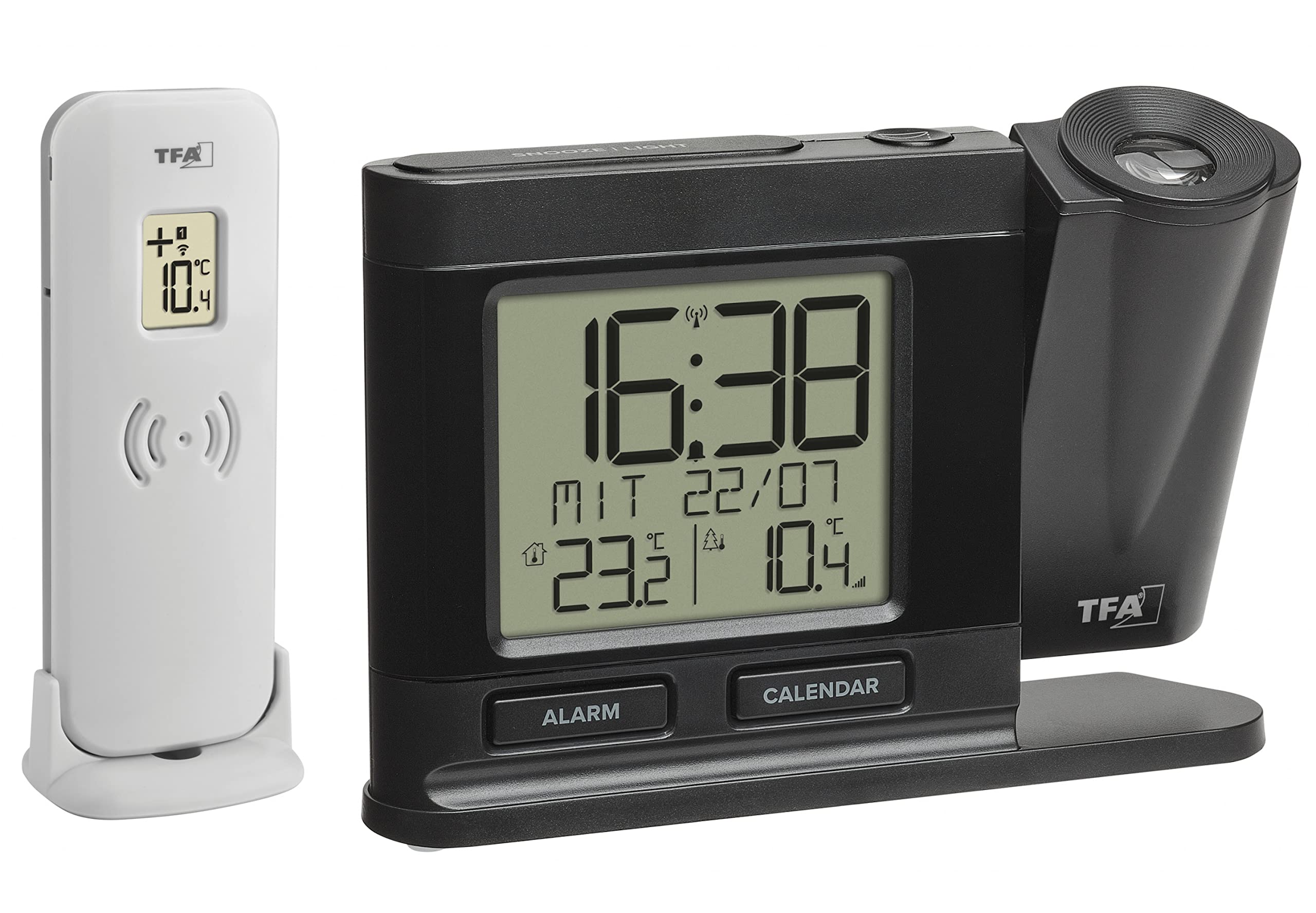 TFA Dostmann projectie-wekkerradio, 60.5018.01, digitale radioklok, met netvoeding, met buitentemperatuursensor, incl. thermo-hygrometer, dimbaar, slaapkamerkklok, met weekdag, zwart
