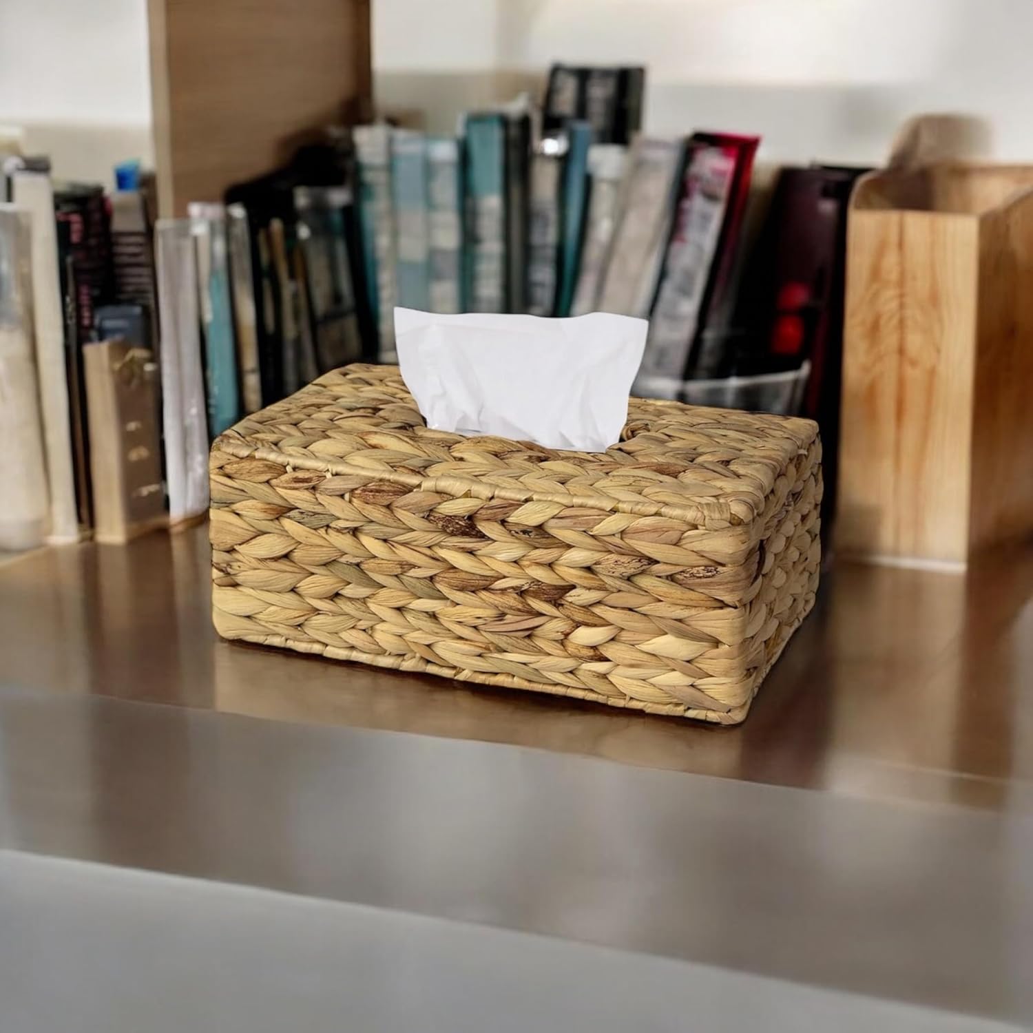 Set 2 of pcs Water Hyacinth Hand Woven Rectangular Tissue Box Cover Holder | Rustic Wicker Straw Tissue Paper Box Napkin Dispenser Organizer for Kitchen, Bathroom and Office with a Free Tissue Box