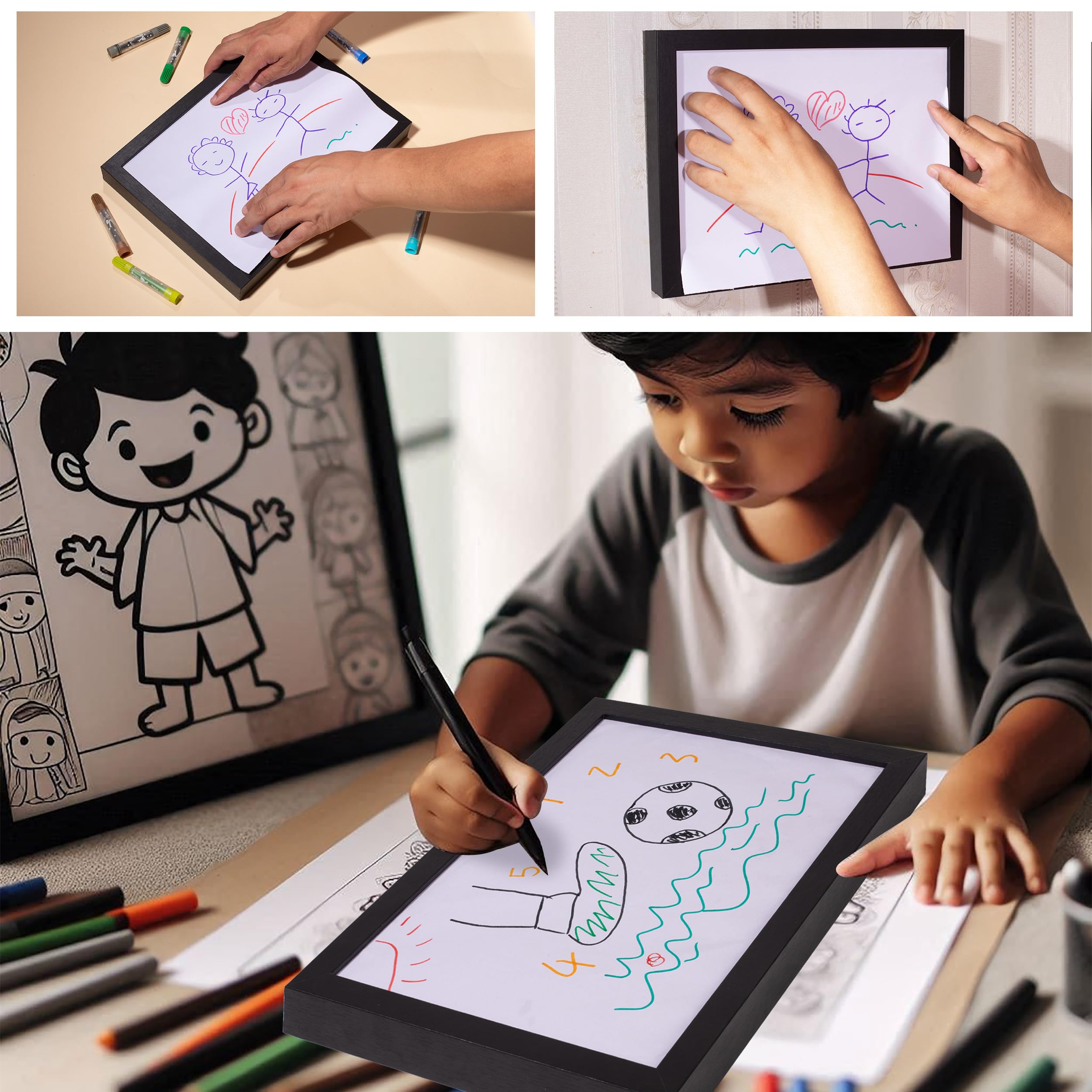 Cadres artistiques pour enfants interchangeables, cadre artistique pour enfants, cadre de projet artistique pour enfants, cadre de taille A4 - Cadre sans verre, sans danger pour vos enfants (Noir)