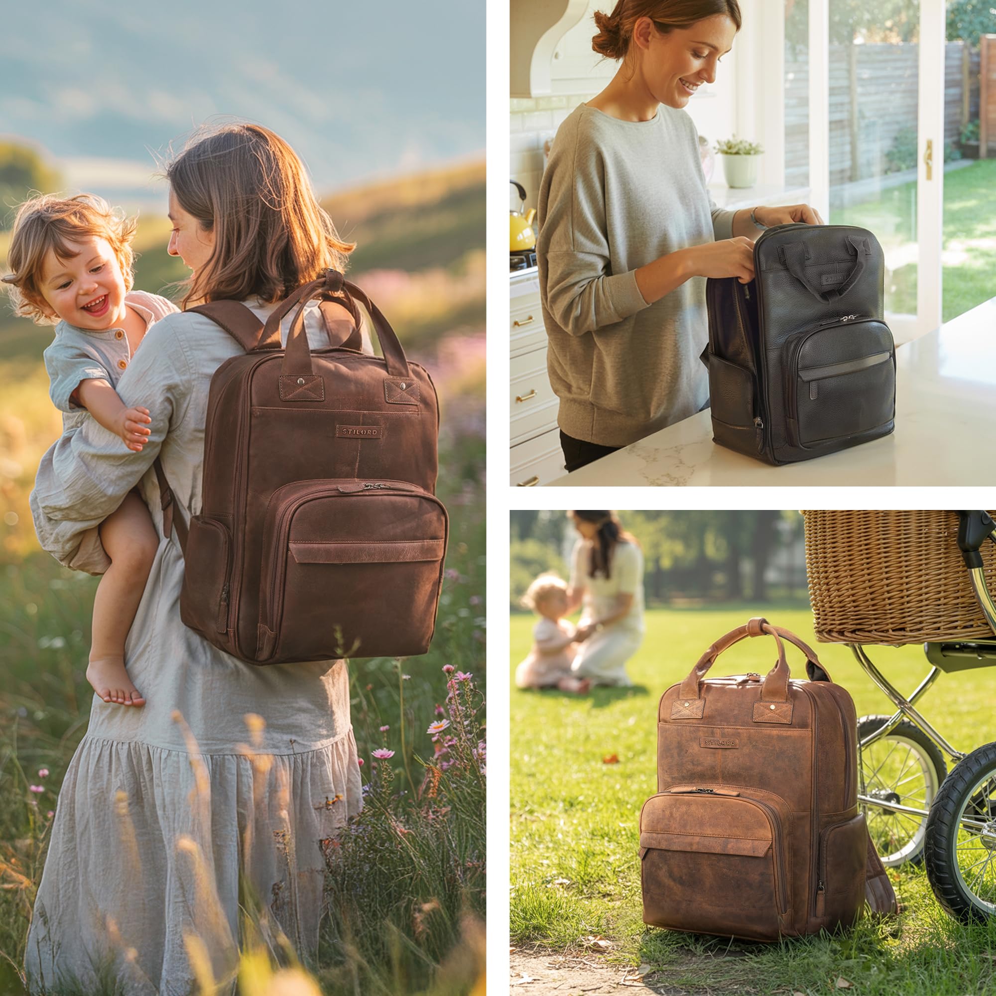 STILORD 'Fiena' Leder Wickelrucksack Groß Damen - großer Babyrucksack & Windelrucksack - elegante Wickeltasche im Vintage Stil - Lederrucksack aus Echtleder für Mamas