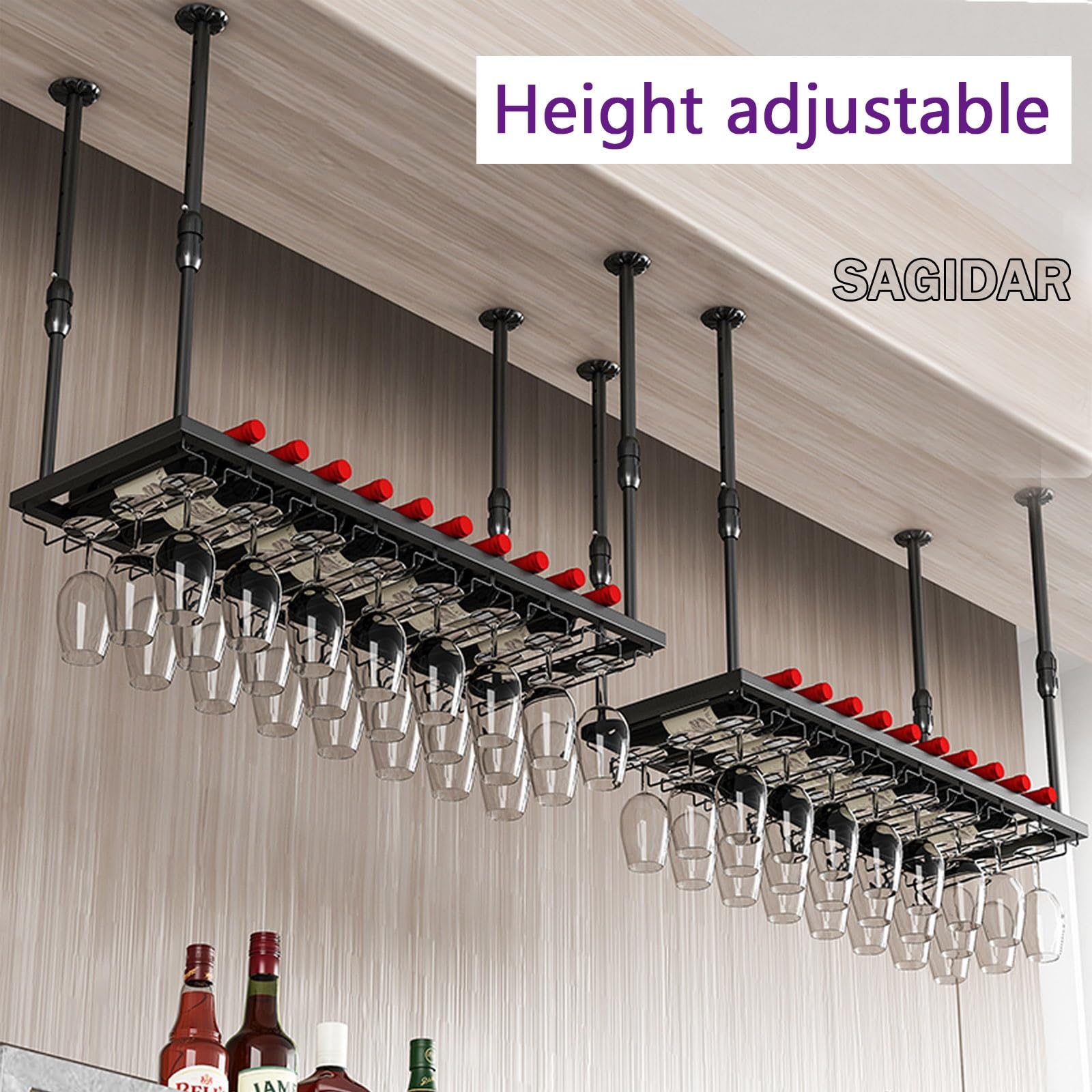 Mensola Portavino A Parete In Ferro Con Doppio Gancio | 60-150 Cm | Scaffale Espositivo Con Portabicchieri | Per Bar E Cucina | Colore Nero