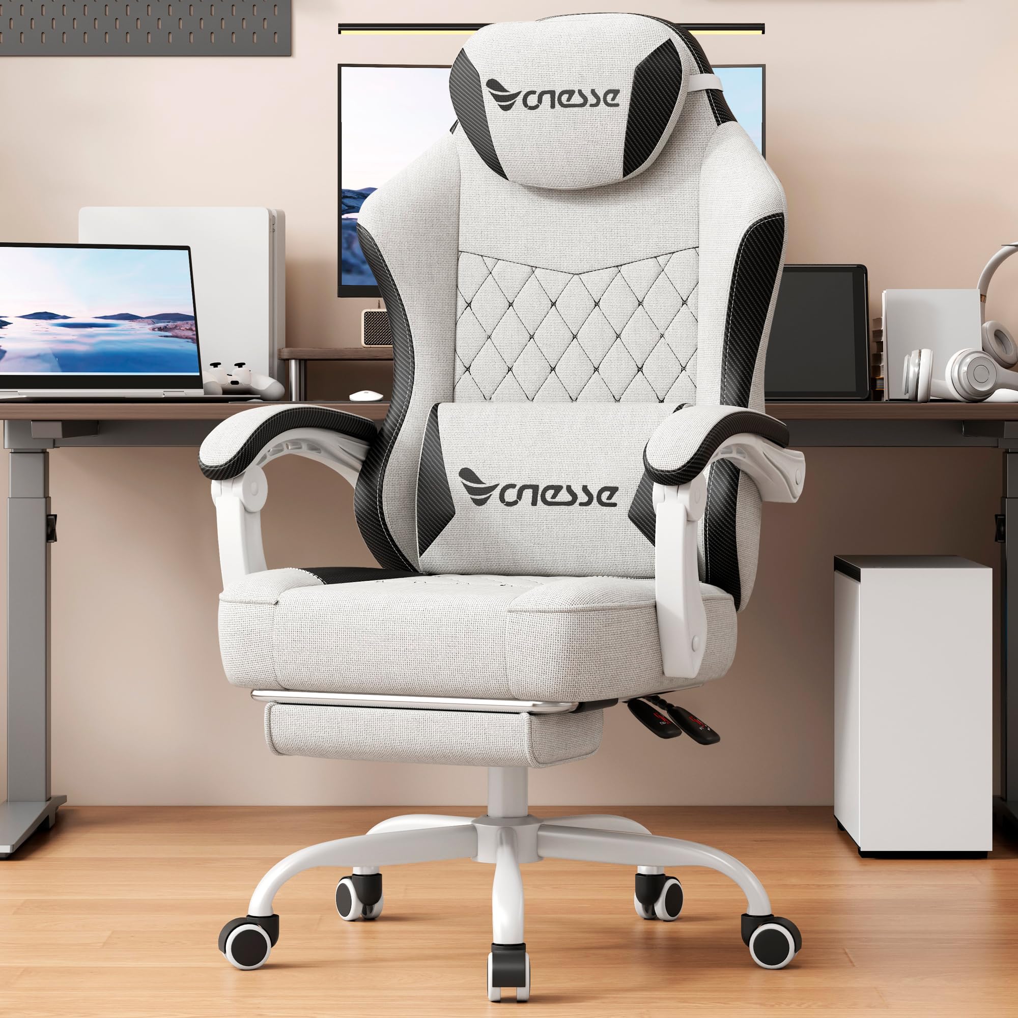 Vonesse Gaming Chair, Desk Chair with Linen Breathable Mesh Fabric, Office Chair with Adjustable Lumbar Support, Computer Chairs with Footrest and Headrest (Beige White)