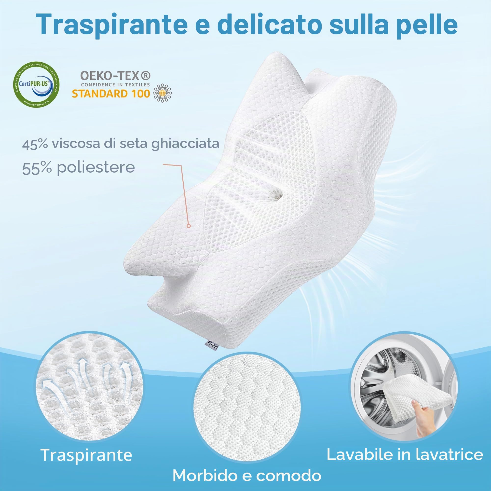 Elviros Cuscino in Memory Foam Ortopedico Cervicale per Dolore al Collo Cuscino Ergonomico per Dolore alla Spalla Cuscino di Sostegno del Collo, Bianco, 64 x 12.5/10.5 x 38 cm