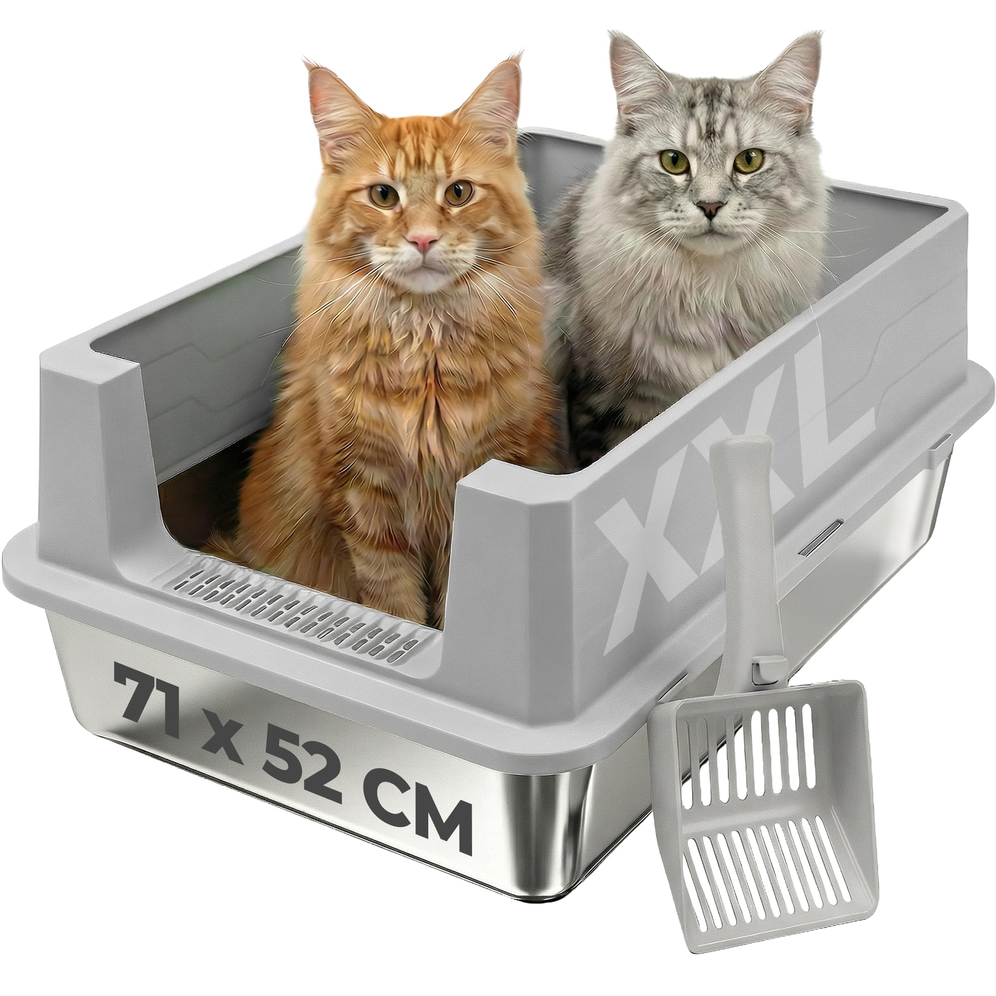 Bac litiere pour Chat INOX XXL Grand – Bac à litière pour Grands Chats & 2 Chats – Litiere Chat XXL Maine Coon – Grande litiere, Bord Haut, Anti-Fuite, Anti-Odeur – avec Pelle – 71×52×30 cm