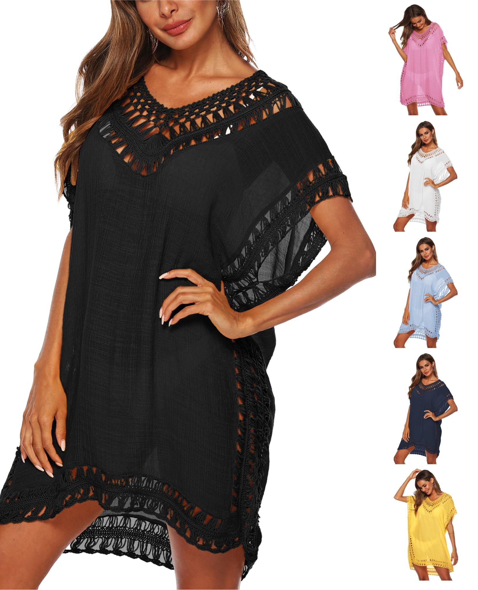 Siribelle Vestido de Playa de Verano Mujeres Bikini Cover-up V-Cuello Vestidos Tejidos Crochet Traje de baño Vacaciones