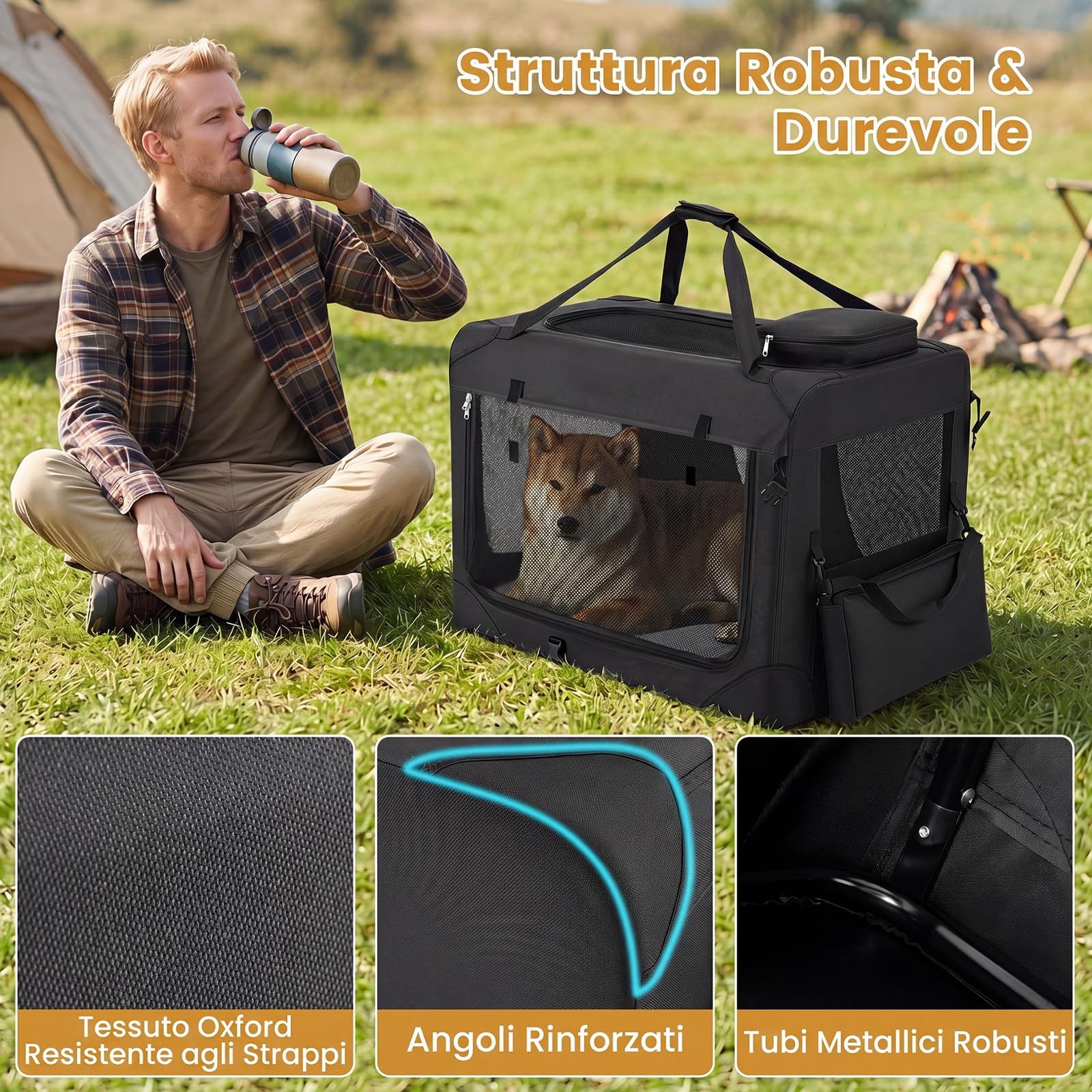 COSTWAY Trasportino per Cani e Gatti, Borsa per Cani Pieghevole e Traspirante con Morbido Cuscino, Parte Superiore Apribile, 2 Tasche Portaoggetti e 2 Manici per Animali Domestici (L,Nero)