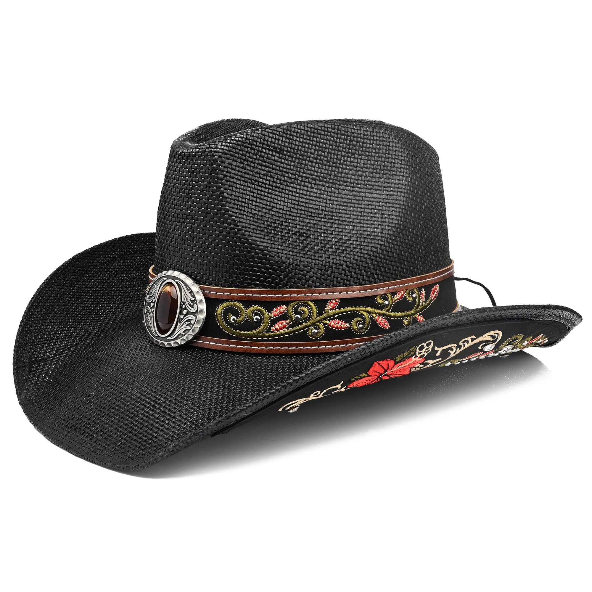 Women's Men's Cowboy Hats,Western Straw Cowgirl Hats,Faux Leather Embroidered Sun Hat (US, Alpha, One Size, X-Large, Black)