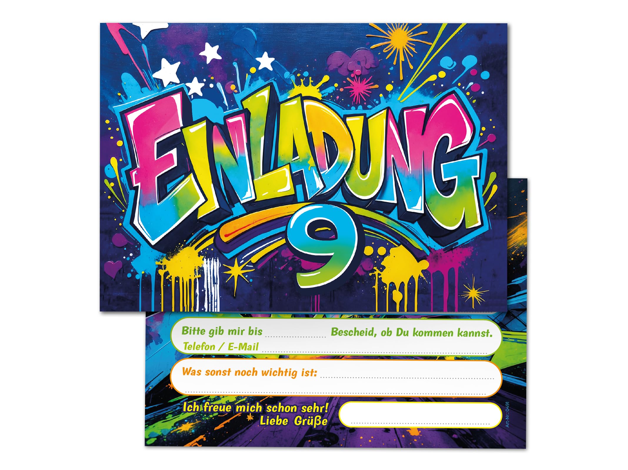 Junaversum 8 Einladungskarten zum 9. Kindergeburtstag Graffiti Mädchen Junge Kinder coole bunte Einladungen neunte Geburtstag Geburtstagseinladungen Kids
