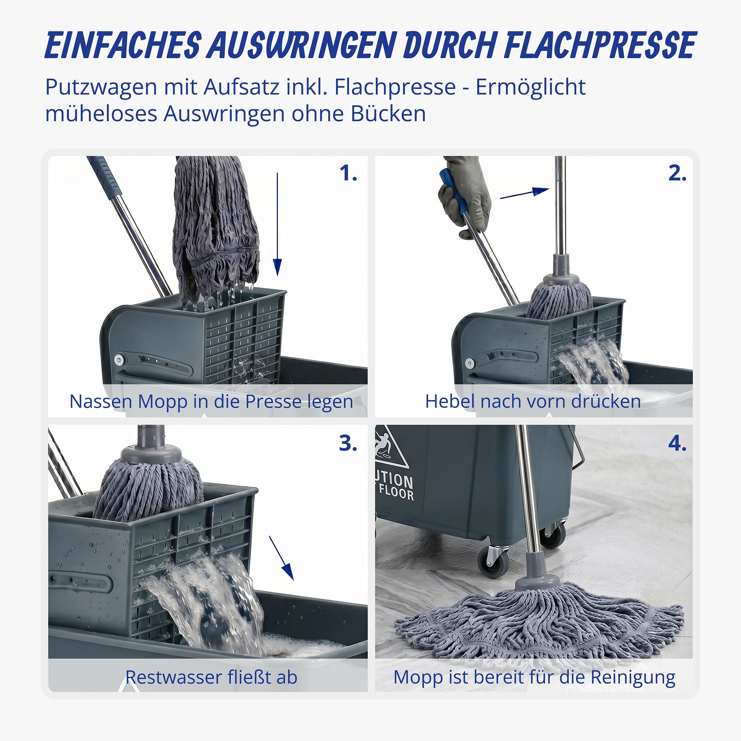 Relaxdays Reinigungswagen, 2-Kammer-System, Putzwagen mit Presse, Mopphalter, HBT: 66x44x28 cm, Wischwagen, PP, grau