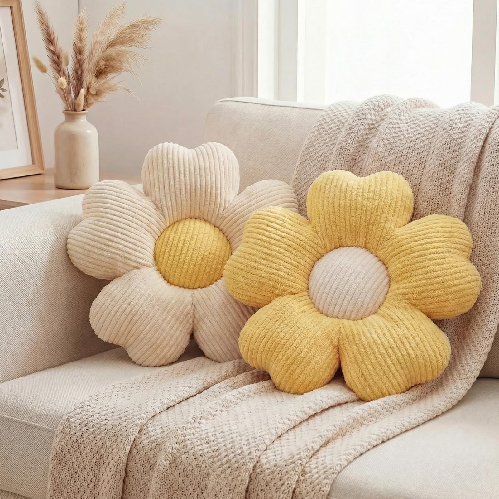HonorHut Cherry Blossom Cushions Pack of 2 White & Yellow Aesthetic Throw Pillows Floor Cushion Sofa Couch Decor