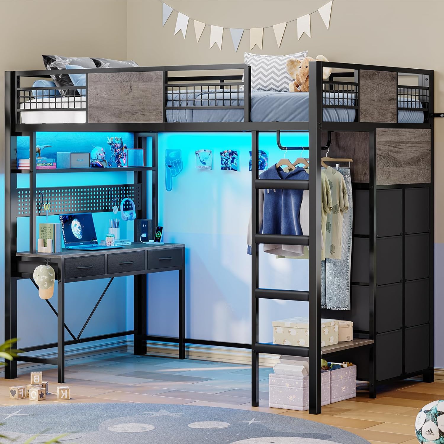 ADORNEVE Loft Bed Twin Size with Desk, 11 Storage Drawers, Metal Kids Loft with RGB Lights, Charging Station, Shelves & Clothing Rack, 13.4" H Safety Guard & Paded Ladder, Black & Grey