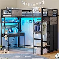 ADORNEVE Twin Loft Bed with Desk, 11 Drawers, RGB Lights, Charging Station, Clothing Rack - Metal Kids Bed, Black/Grey