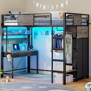 ADORNEVE Twin Loft Bed with Desk, 11 Drawers, RGB Lights, Charging Station, Clothing Rack - Metal Kids Bed, Black/Grey