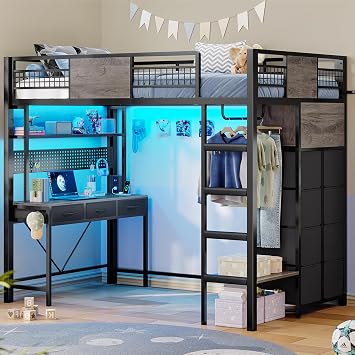 ADORNEVE Loft Bed Twin Size with Desk, 11 Storage Drawers, Black & Grey | Metal Kids Loft with RGB Lights, Charging Station, Shelf & Clothing Rack, Safety Guardrails & Paded Ladder, for Small Bedroom