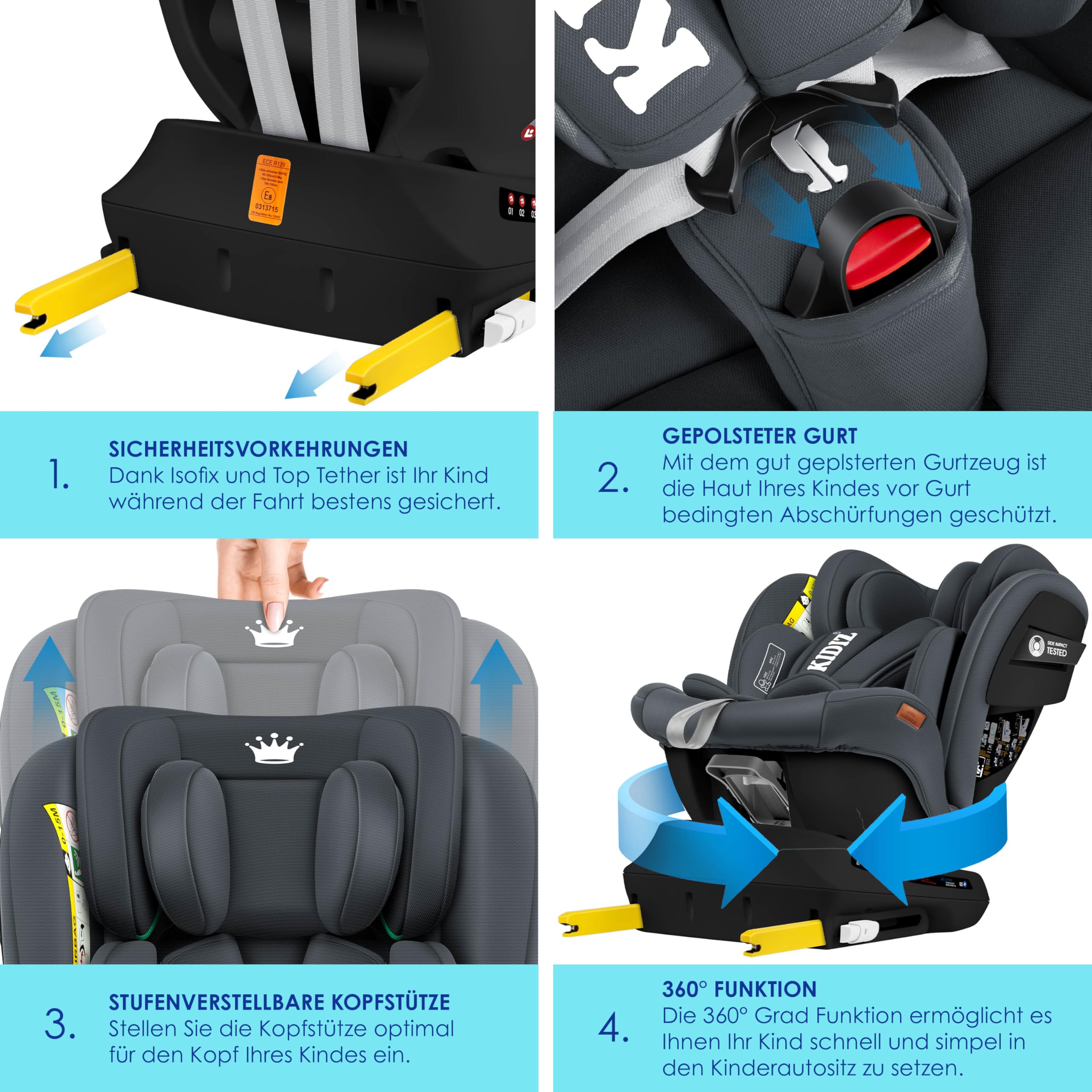 KIDIZ® Autokindersitz mit Isofix i-Size R129 100-150cm Gruppe 0/1/2/3 5-Punkt-Gurt höhenverstellbare Kopfstütze Anthrazit
