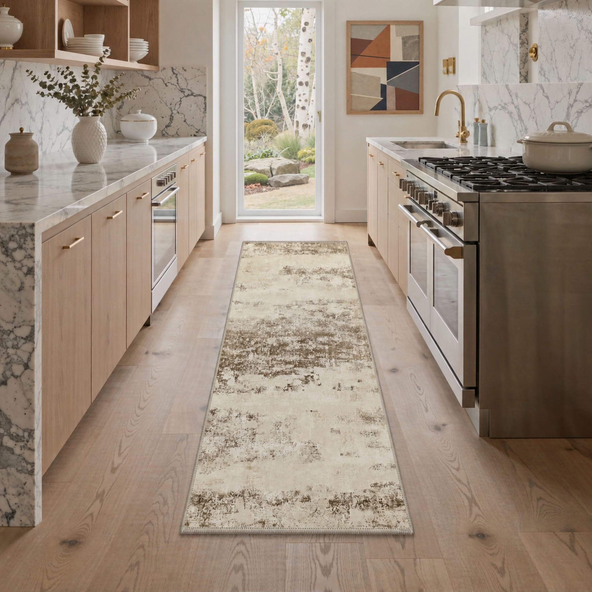 BEIMO 2x8 Antique Beige Abstract Runner Rug, Washable Non-Slip for Hallway