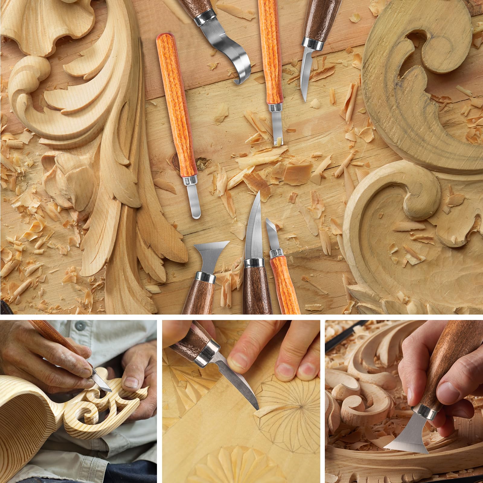 Ciseaux à Bois,20 in 1 Outils de Sculpture bois,Outillage Bois avec 7 Couteau Sculpture bois,8 Blocs de Tilleul,Professionnel/Junior Outil de Ciseaux a Bois Kit DIY avec Gants anti-coupure