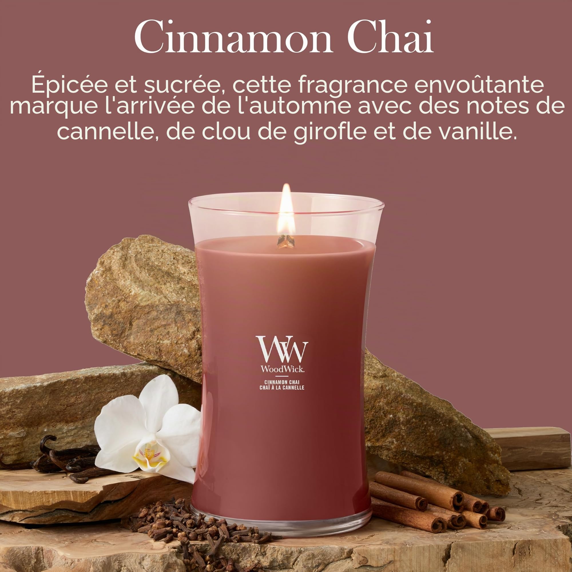 WoodWick Bougie parfumée grand format sablier | Cannelle Chaï | avec mèche crépitante | Durée de combustion : jusqu’à 130 heures