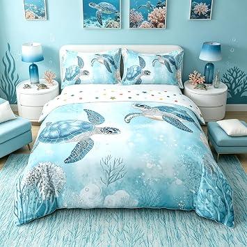 Castle Fairy Sea Turtle Cotton Duvet Cover Set Twin,Underwater World Sea Life Bedding Set,Ocean Animals Bed Quilt,Baby Blue Comforter Cover with 1 PillowcaseNo Comforter