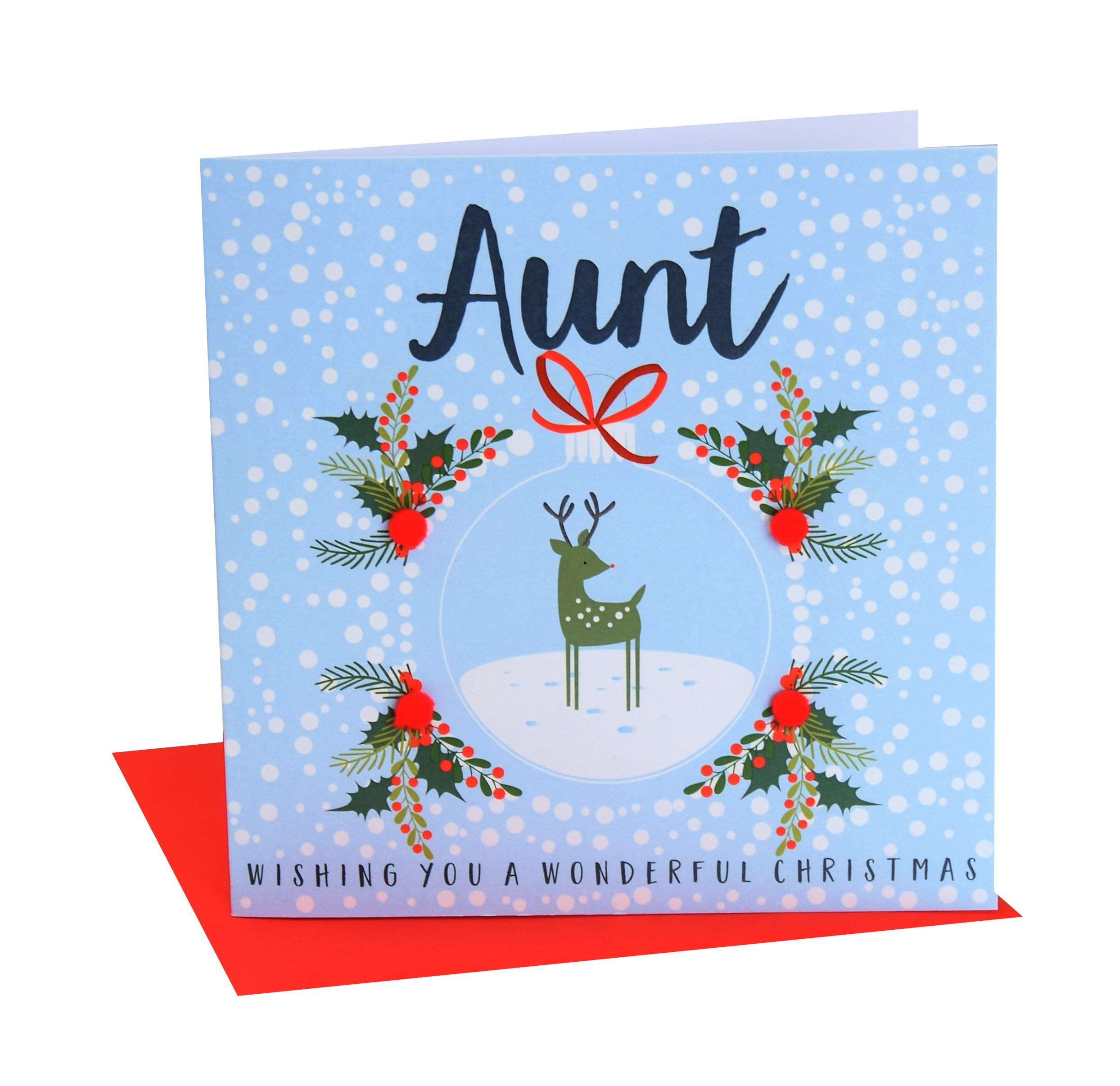 Claire Giles Greeting Cards, Happy Christmas Aunt Card, Reindeer in a bauble design xmas Greeting Card, Embellished with Colourful Pompoms