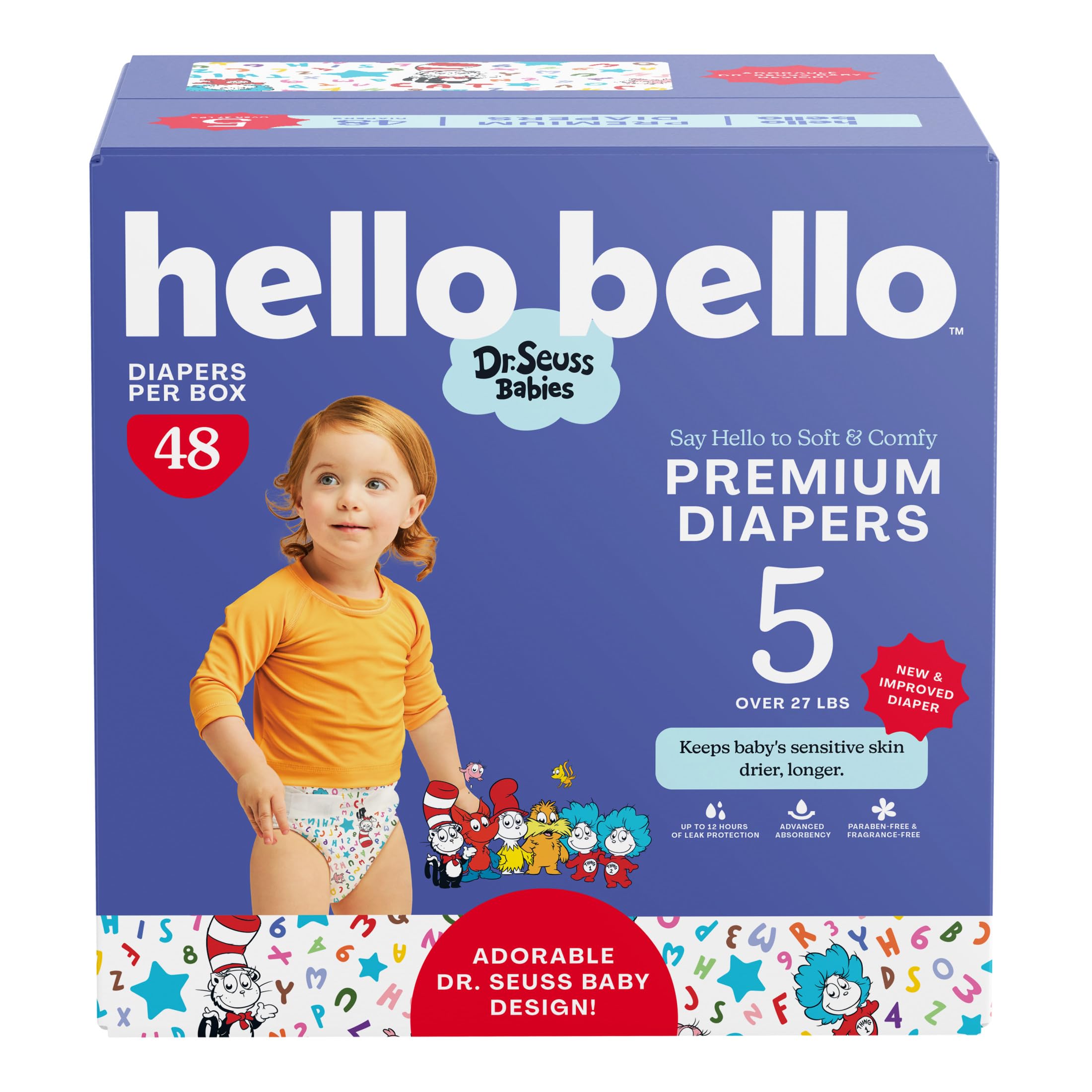 Hello Bello Dr. Seuss Babies Premium Diapers, Size 5, 48 Count: Softness & Protection for Sensitive Skin
