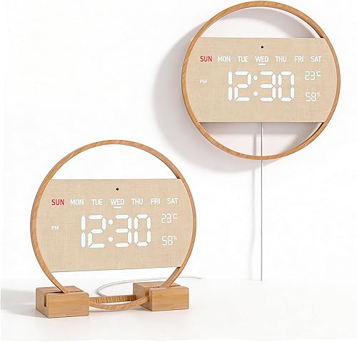 Driini Moderno reloj de pared digital grande – Madera de bambú con pantalla LED grande – Día de la semana, hora, temperatura y humedad – Reloj