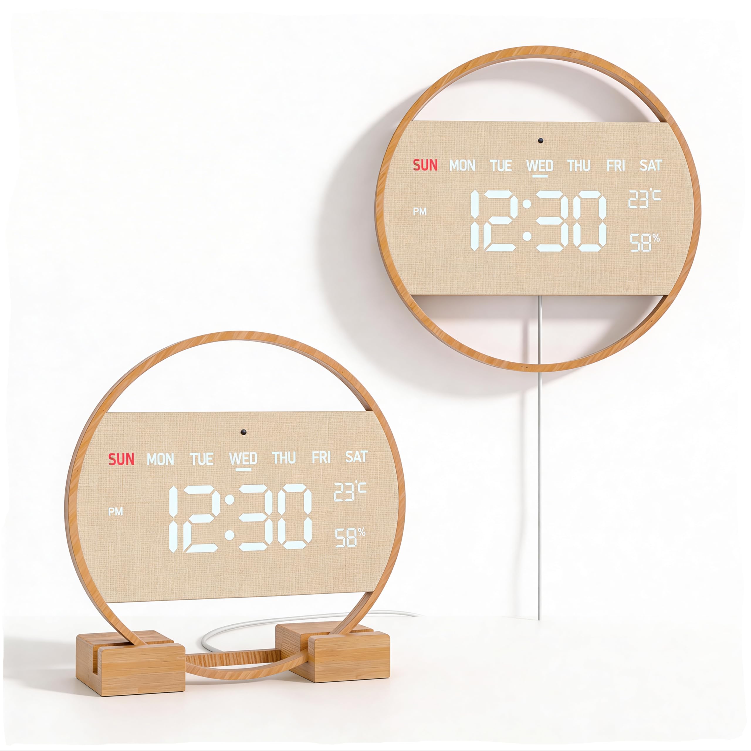 Driini Large Digital Wall Clock -Round Digital Bamboo Wooden Wall Clock with Large Display - LED Wall Clock - Auto-Dimming – Plug in USB with Temperature & Humidity – Large Wall Clock for Living Room.