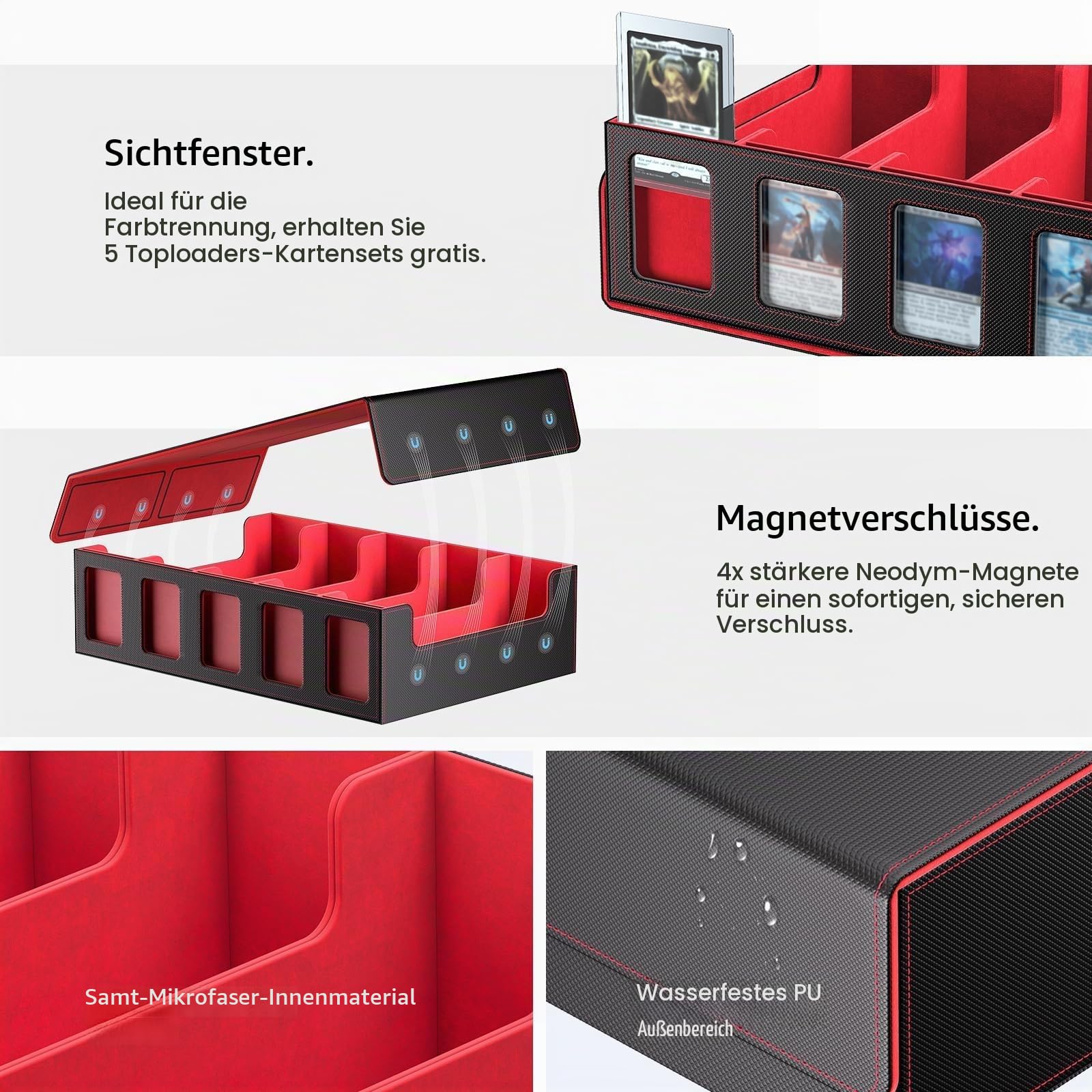 Trading Card Storage Box mit Commander Display, 3900+ Karten Commander Deck Case hält mit abnehmbarem Deckel, 5-Reihe MTG Organizer für TCG PTCG Sports Card,5 Toploader,50 Teiler (Rot)