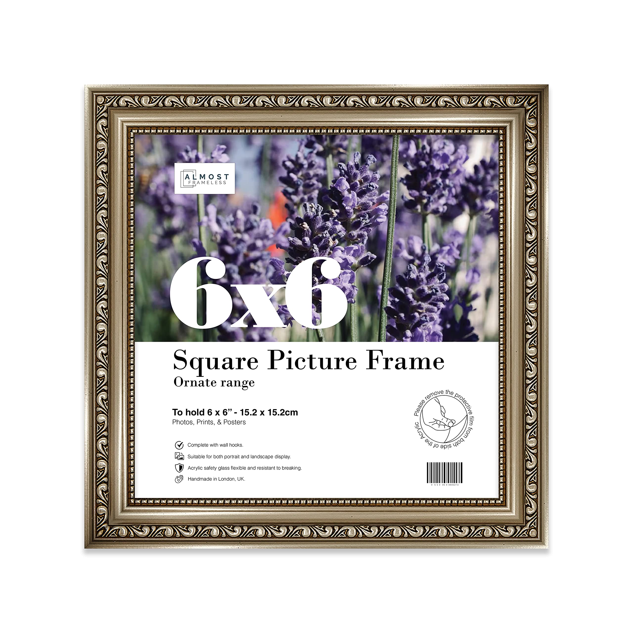 Almost Frameless 6x6 Gunmetal Ornate Picture Frame 6"x6" (15.2x15.2cm) Poster, Photo, Artwork, or Print. Shabby Chic Style Portrait and Landscape Display with Wall Hooks